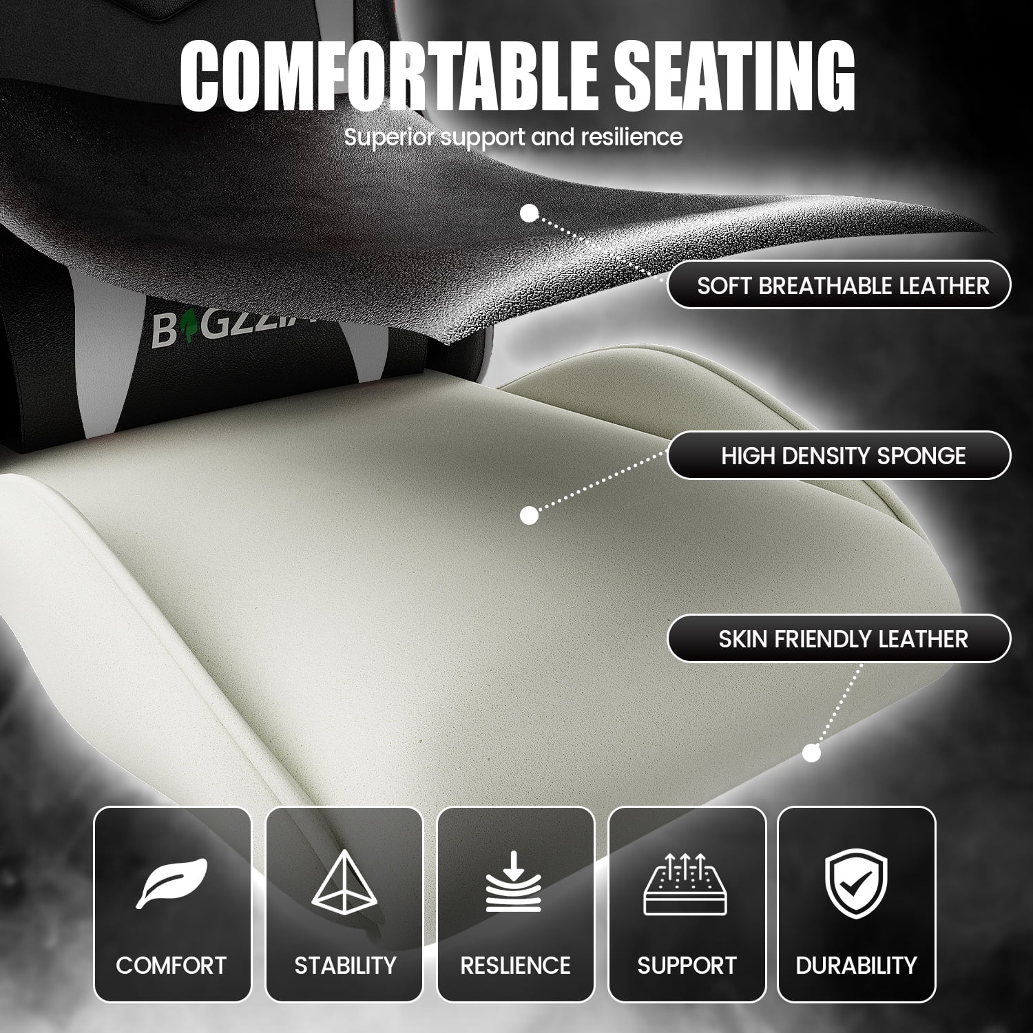 Bigzzia Gaming Chair Office Chair, Ergonomic Game Chair with Height Adjustable Headrest and Lumbar Support for Adults Teens, Black & White - Image 12