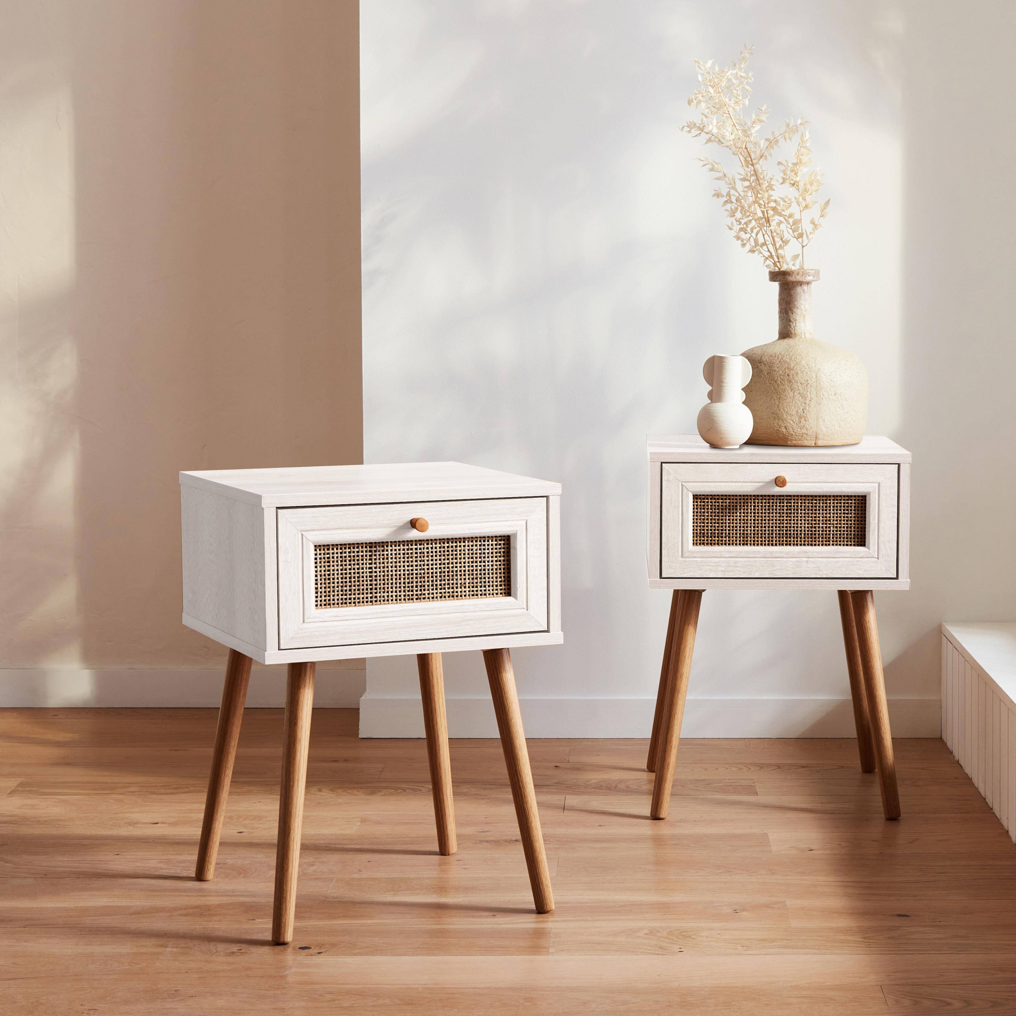 Boheme - Mesita de noche de 1 cajón con efecto madera y caña, set de 2