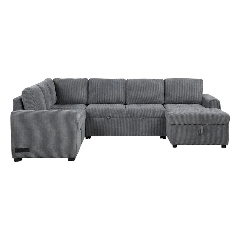 Roomfitters U-Shaped Sectional Sofa with Pull-Out Bed, Storage Chaise Lounge, and Integrated Charging Ports for Living Room