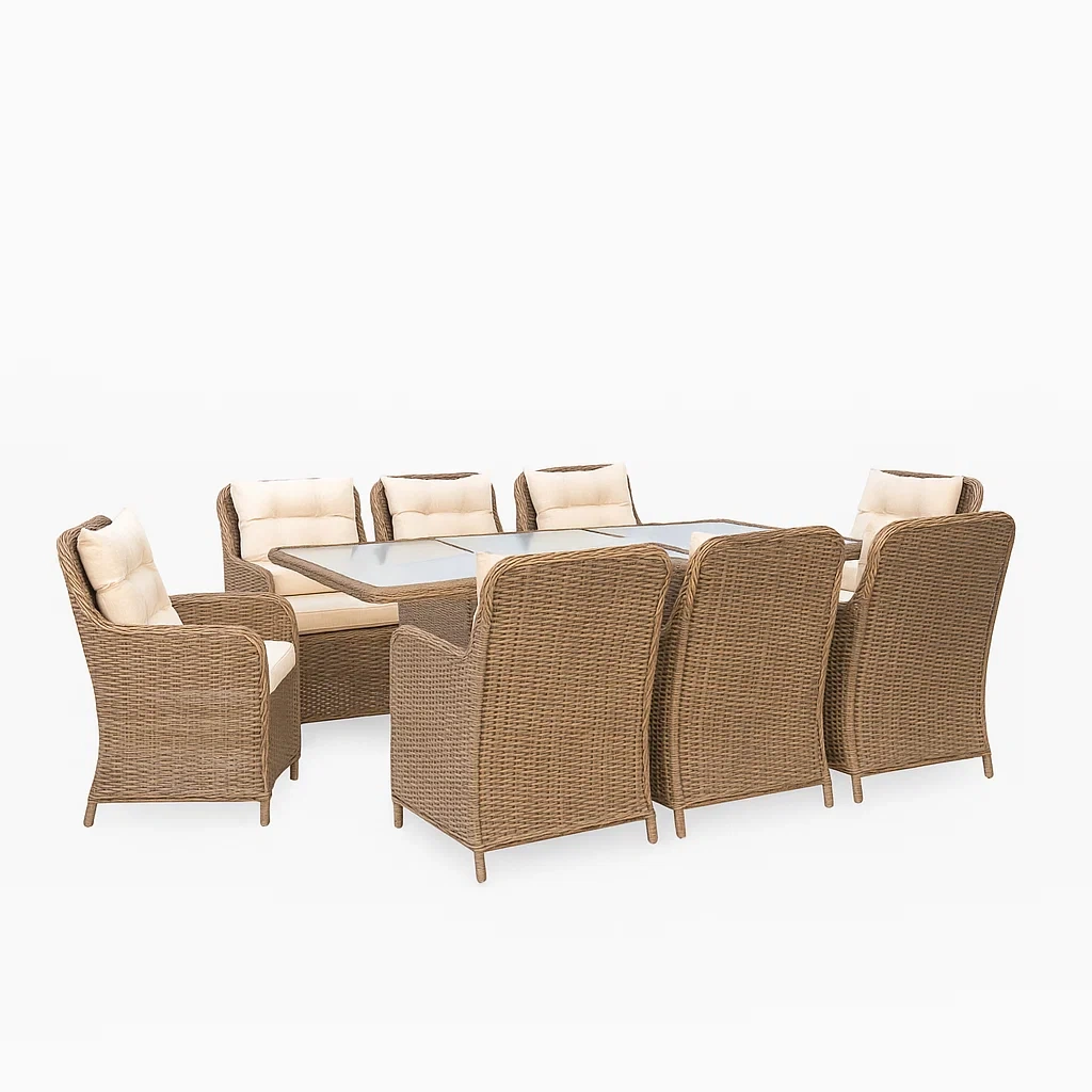 Conjunto de comedor de jardín en ratán sintético: 1 mesa rectangular y 8 sillones con cojines,marrón claro y beige - ujUjRVJ225UE