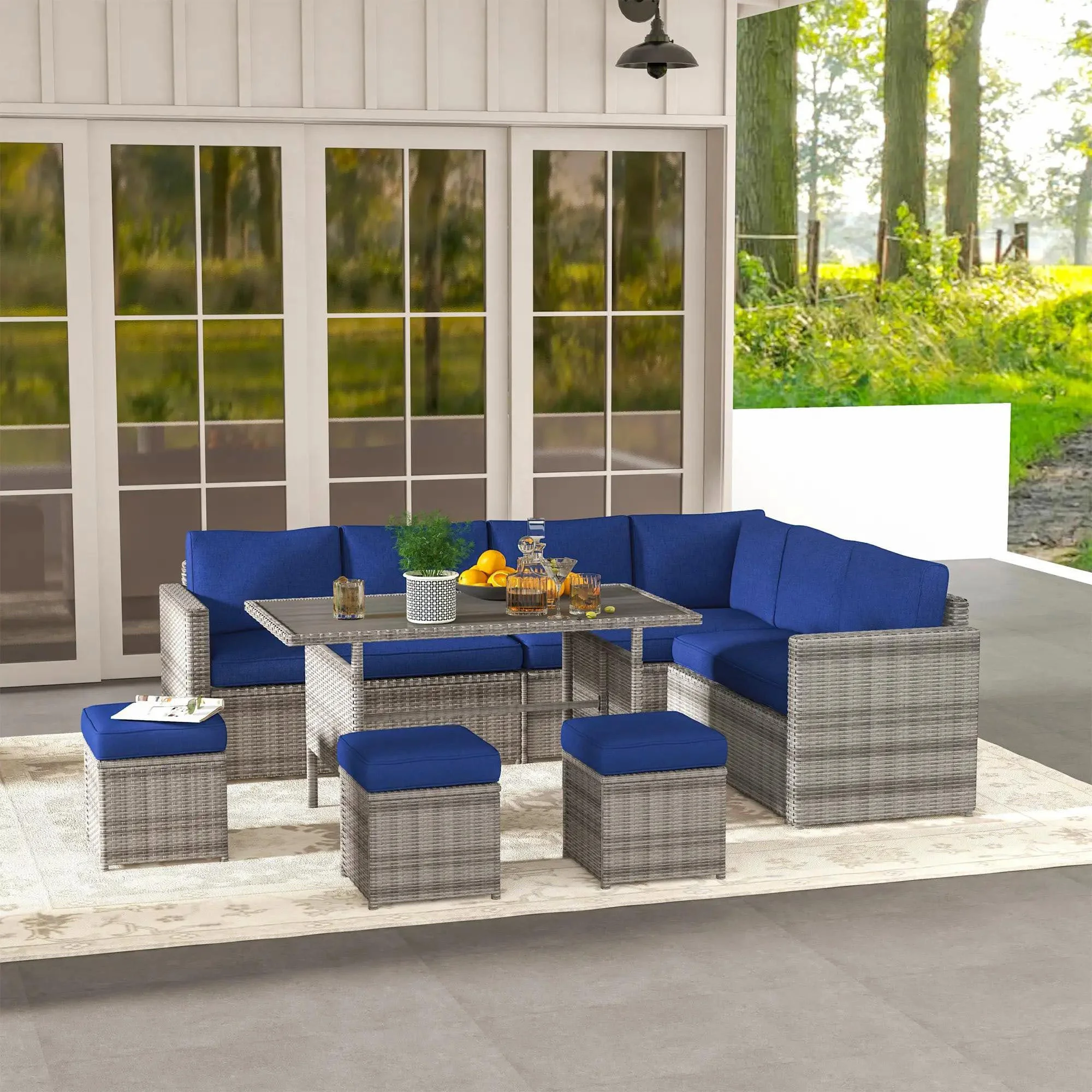 Resenkos Wicker Outdoor Patio Furniture Set, L-Shaped 7 Pieces Outdoor Dining Sectional Sofa, Gray - Image 14