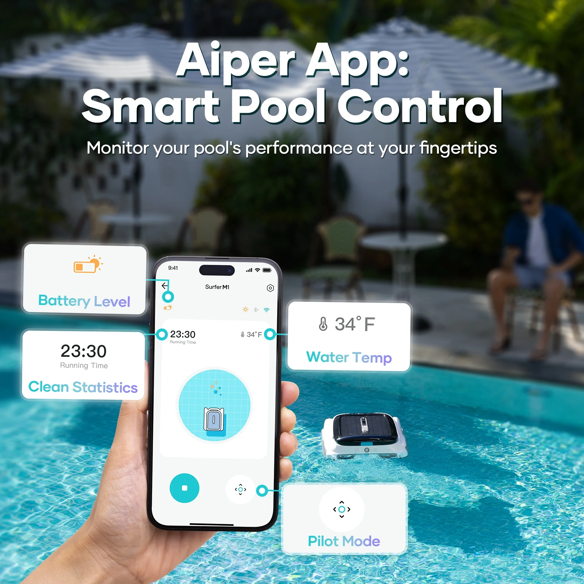 Aiper Surfer M1 Automatic Pool Skimmer Robotic Surface Cleaner with App Control & Solar Powered - Image 6