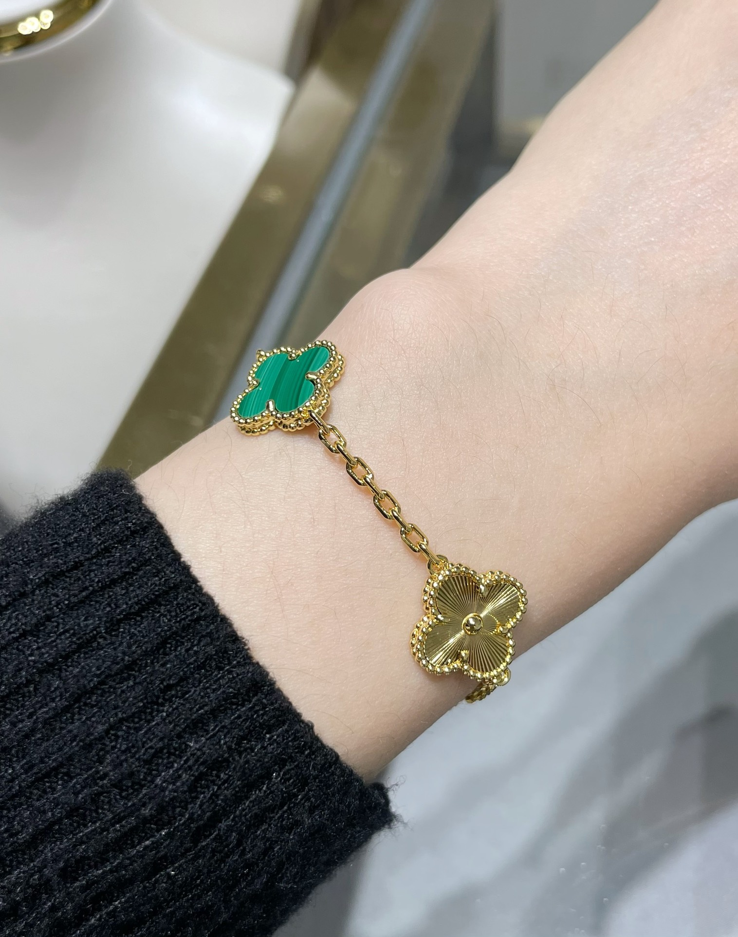 VCA Malachite and Guilloche Vintage Alhambra Bracelet, 5 Motifs - Original Replica Club