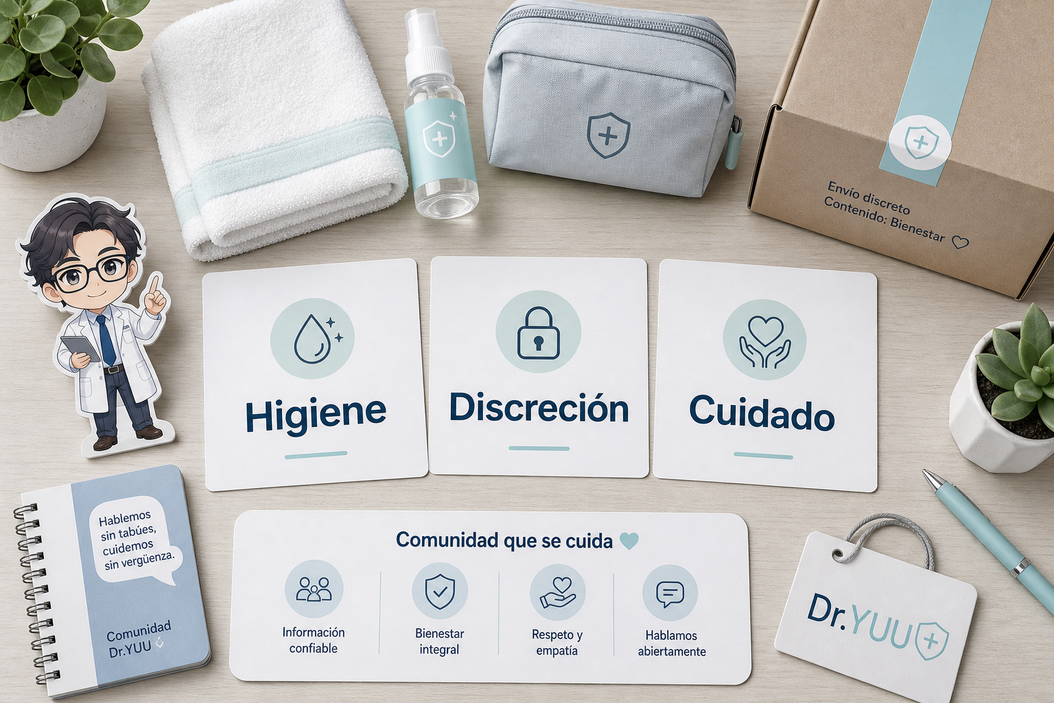 Tres tarjetas con las palabras Higiene, Discreción y Cuidado para una guía Dr.YUU de bienestar masculino.