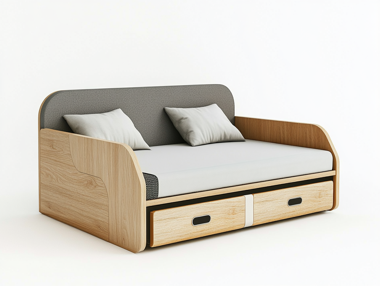 Sofá cama con cajones madera clara y gris tela salón dormitorio 195x85x80 cm