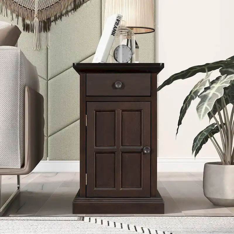 Retro-Inspired Living Room Side Table with USB Ports, Multifunctional Drawer, and Cup Holders
