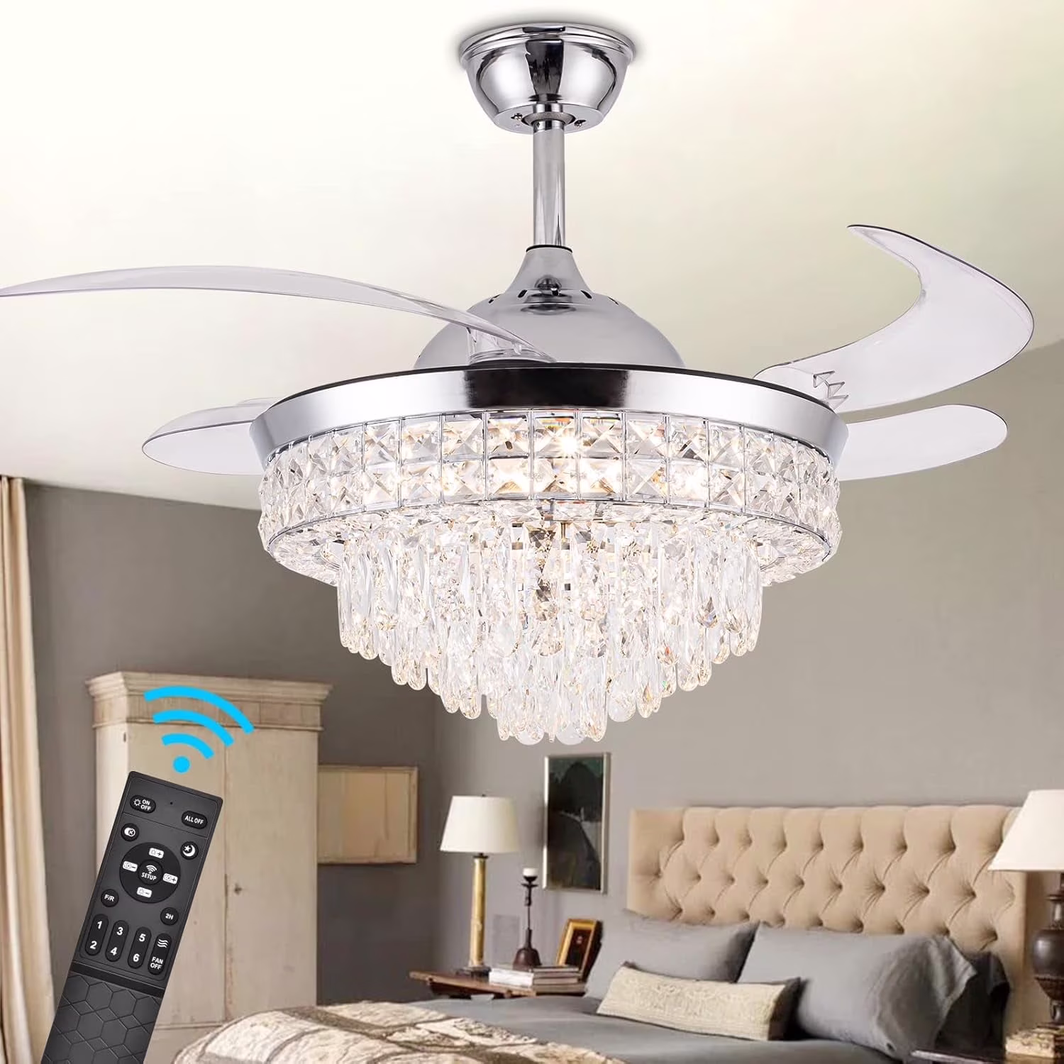 Datingday 42 Inch Crystal Ceiling Fan Golden Crystal Ceiling Fan Chandelier with Remote 6 Speeds 3 Colors Changes Lighting Fixture, 4 Blades Retractable Fans for Bedroom Living Room Dining Room - Image 5