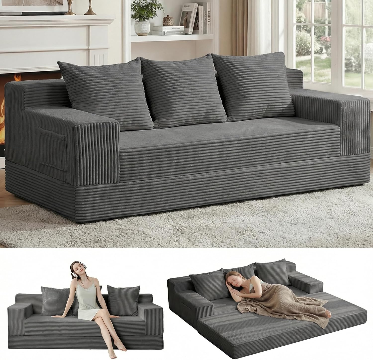 Loveseat Boneless Convertible Sofa Bed, Folding Floor Futon Sleeper Sofa Couch Bed- Boneless Foldable Couch, Corduroy Pull Out Sofa Bed with 2 Pillows for Living Room & Bedroom