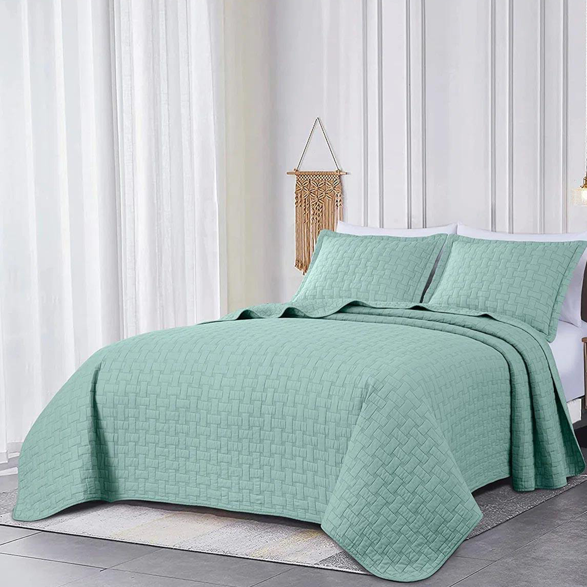 The Bedspread Features a Fresh Light Green Tone and Classic Quilted Pattern Striped Perfect for  Romantic Bedroom Decor