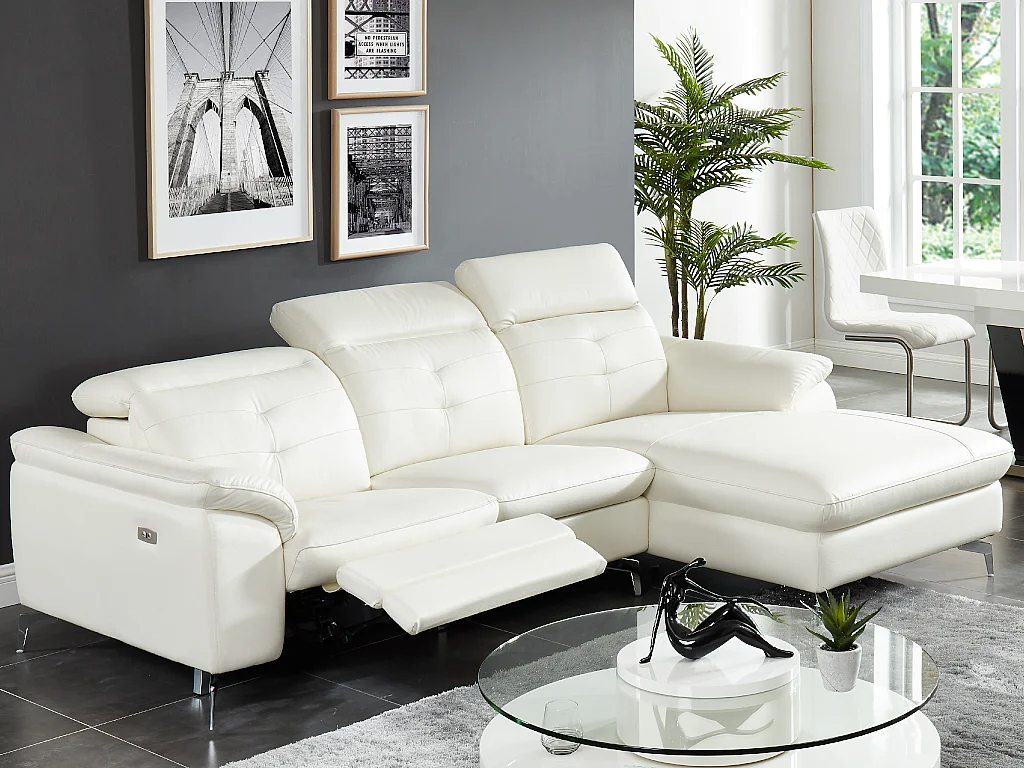 Sofá rinconera relax eléctrico piel de búfalo LISMORE - Blanco - Ángulo derecho
