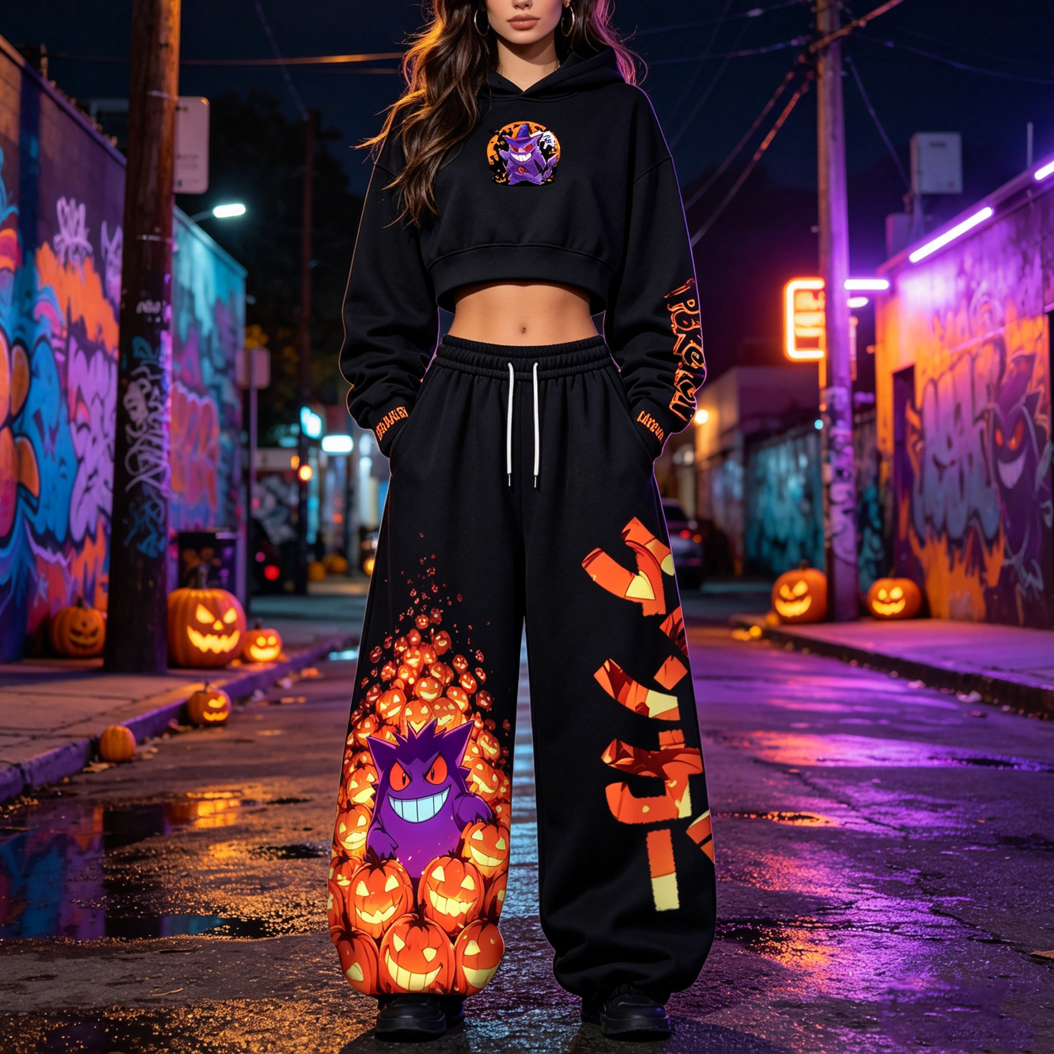 Pokémon Halloween Series Cropped Long Sleeve Hoodie & High Waist Jogger Pants Two Piece TeeThreads Sustain the Scene with Custom Apparel