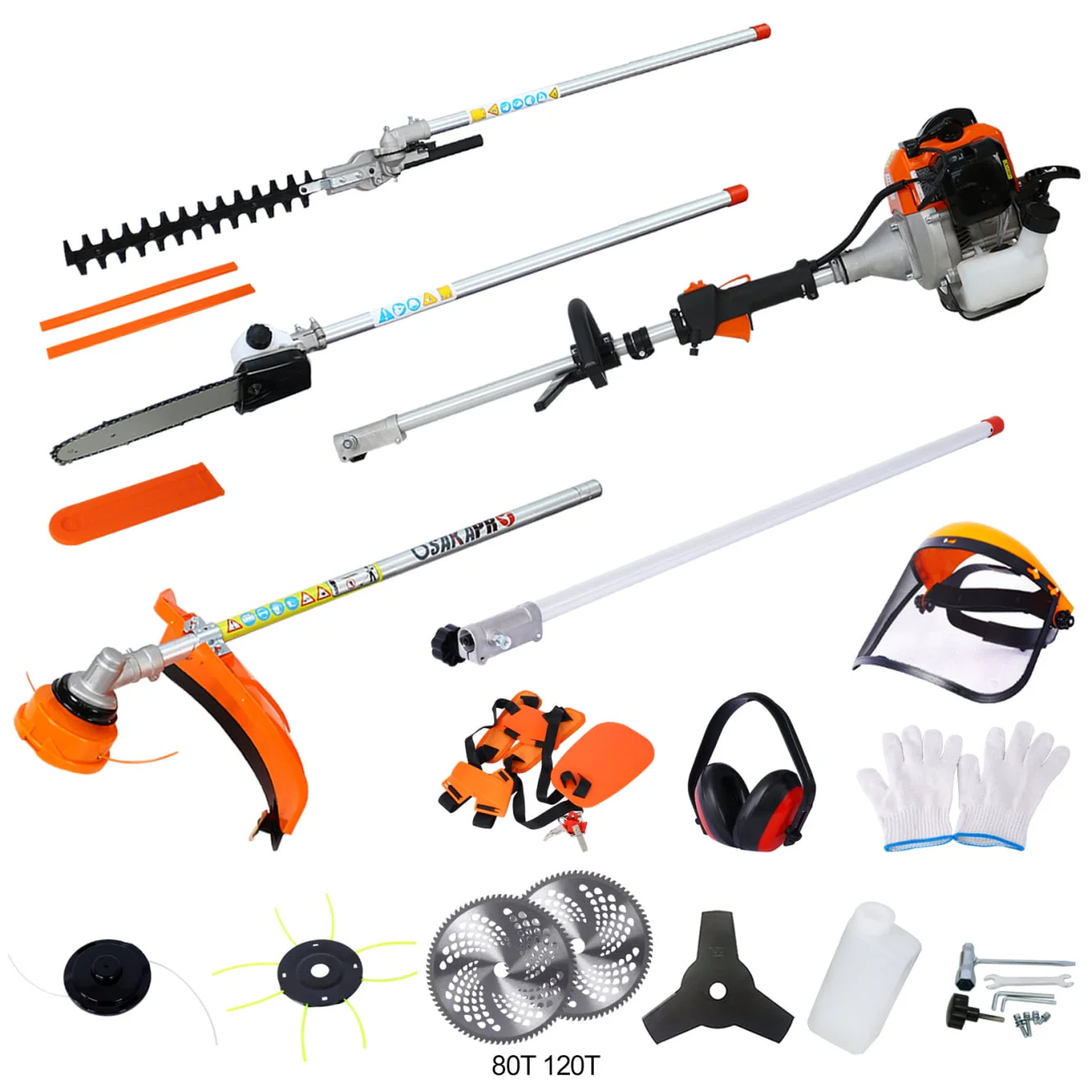 12 in 1 Multi - Functional Trimming Tool, Gas Pole Saw Plus Weed Eater, 52CC 2 - Cycle Garden Tool System Hedge Trimmer and Brush Cutter(Orange)