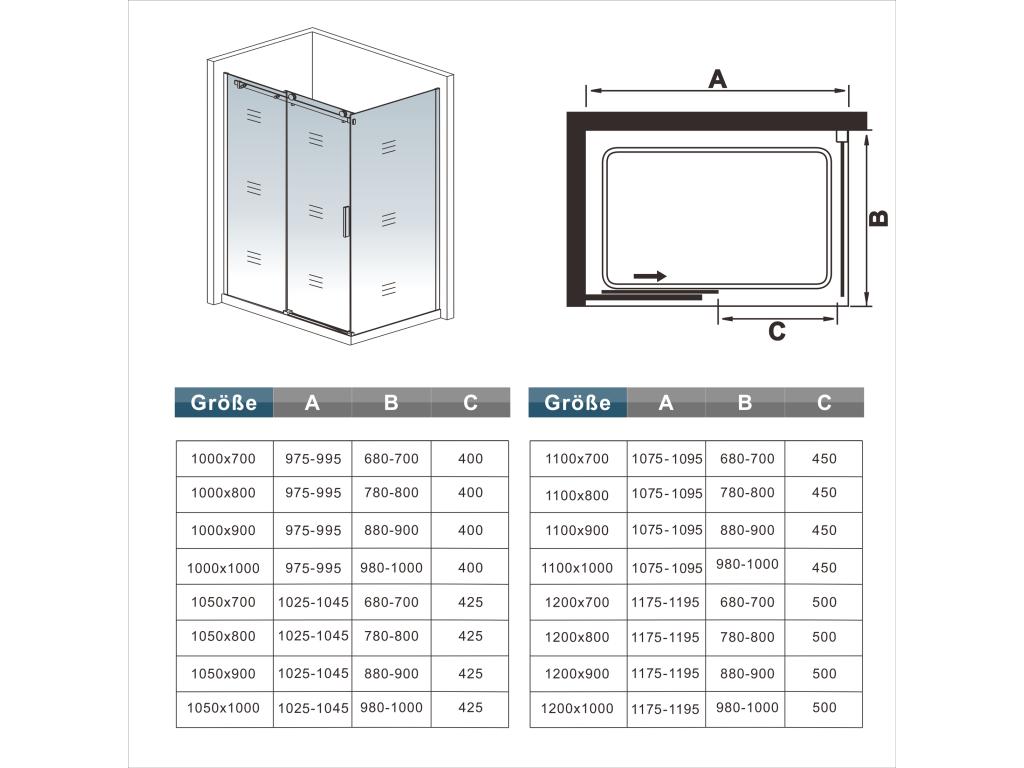 Mampara de ducha corredera+panel lateral,cromado,vidrio 6mm,(1175-1195)x(783-803)x1950mm