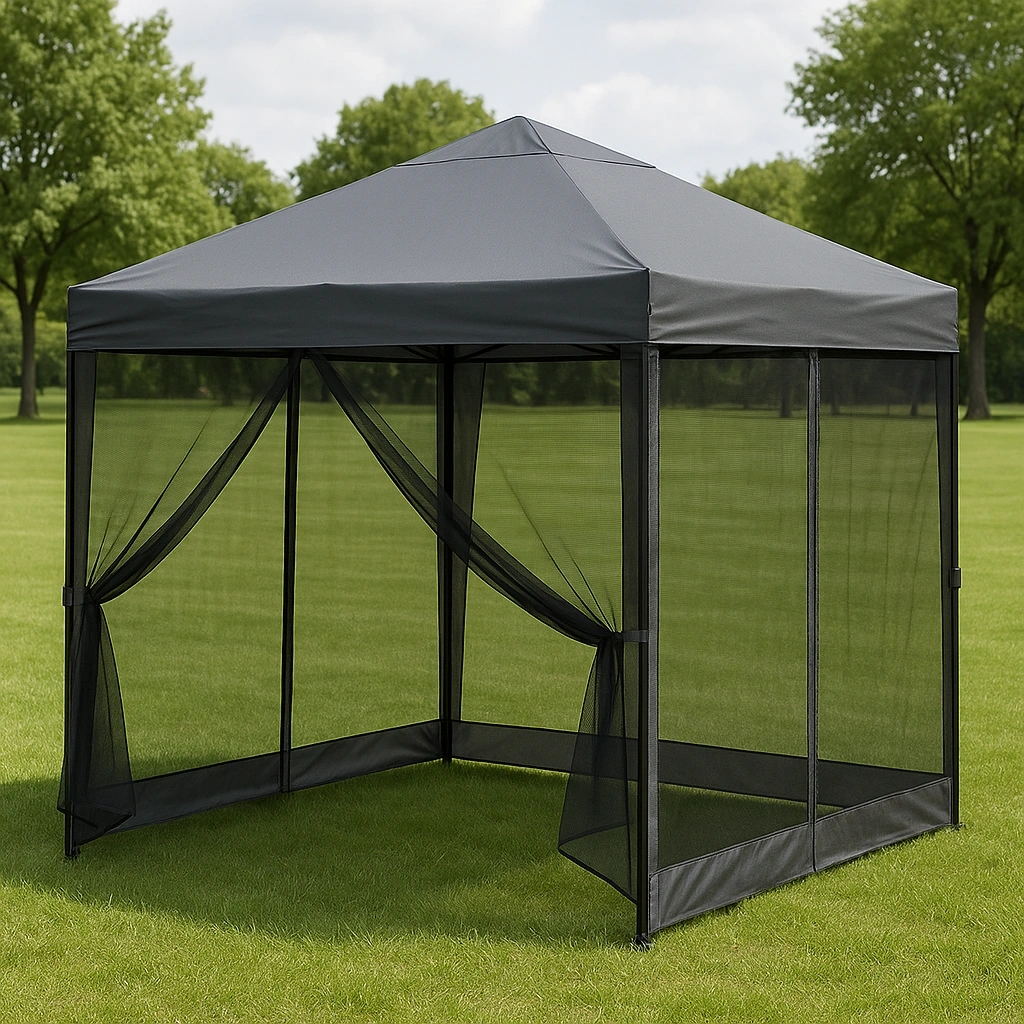 Pérgola con paredes de malla, gris, metal y tela, exterior, 300x300x250 cm - QPpyLZe524Tf