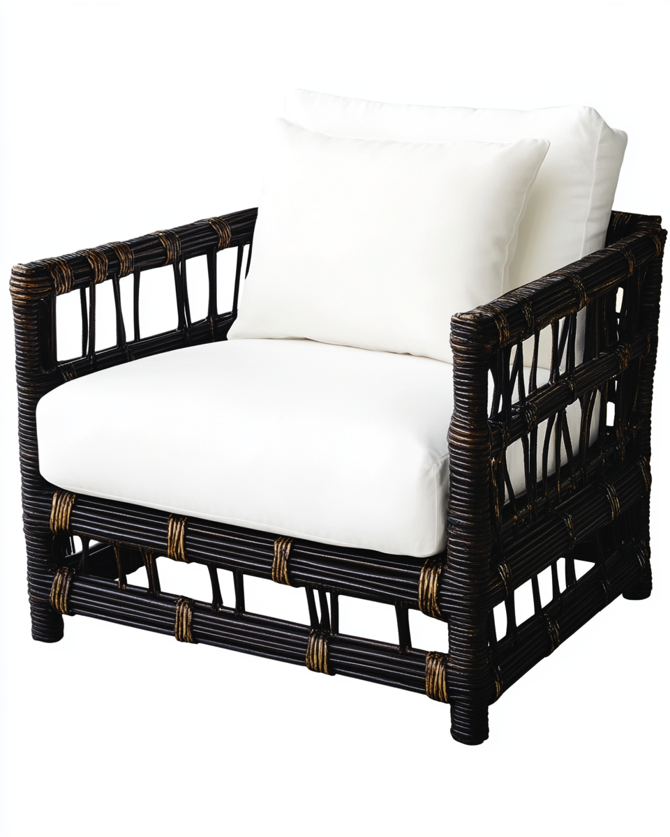 Sillón de mimbre sintético para interior o terraza cubierta, estilo tropical con cojines blancos