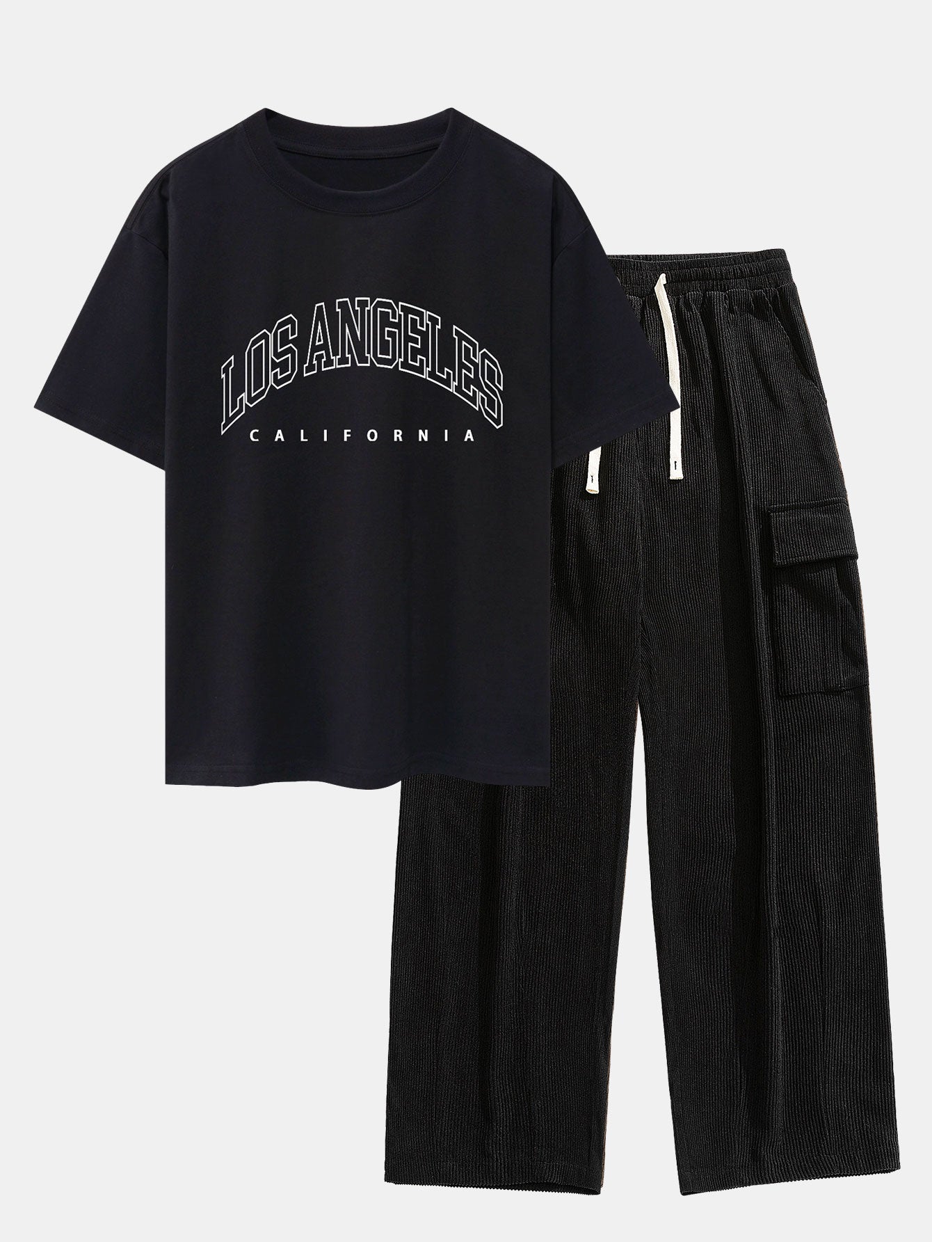 Los Angeles Print Heavy Weight Oversize T-Shirt & Loose Fit Corduroy Cargo Pants
