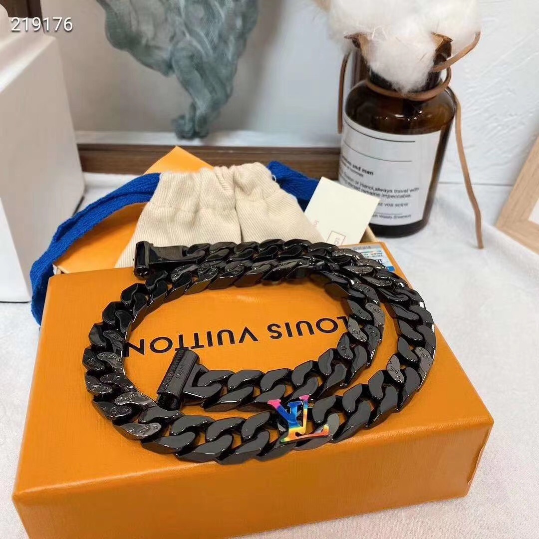 Louis Vuitton Black Cuban Chain Color LV Mens Bracelet Necklace - Original Replica Club
