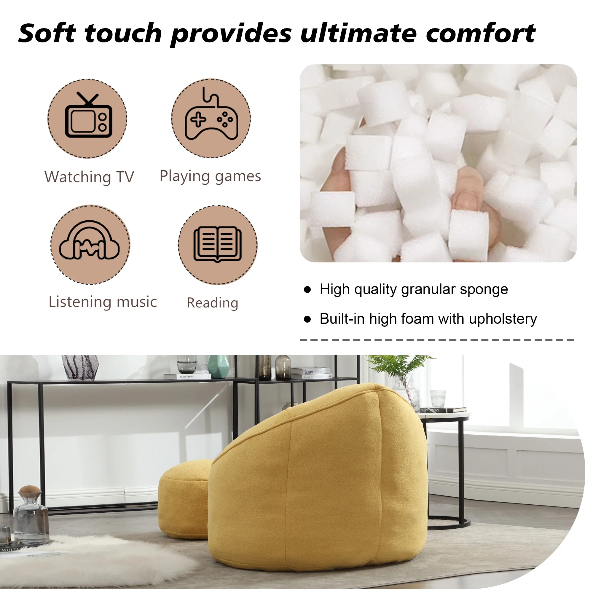 MOONMISS Microfiber Upholstered High Pressure Foam Round Lazy Bean Bag Sofa Chair with Ottoman-Gray - Image 18