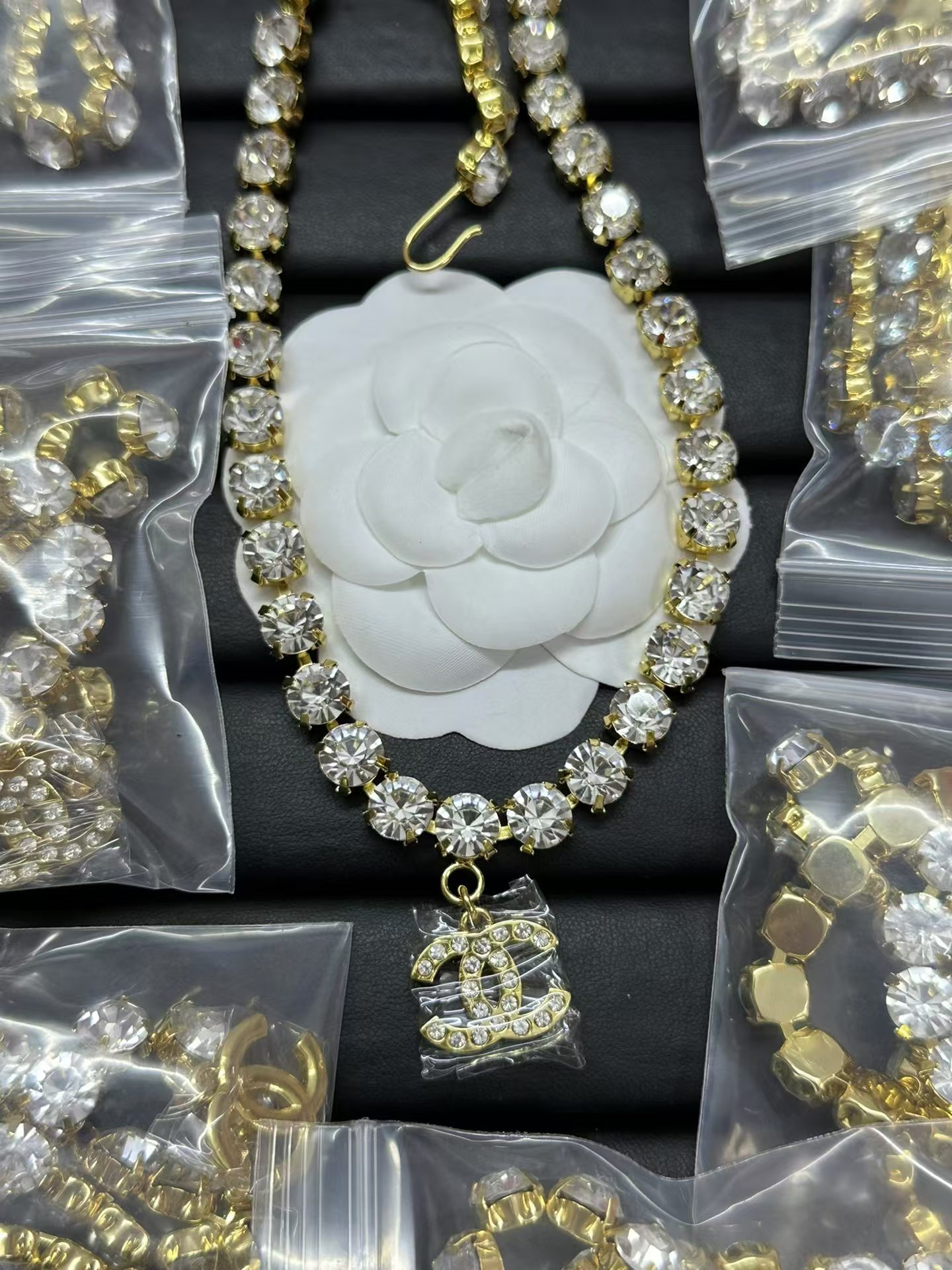 Chanel Logo Pendant Rhinestone Strass Chain Necklace - Original Replica Club