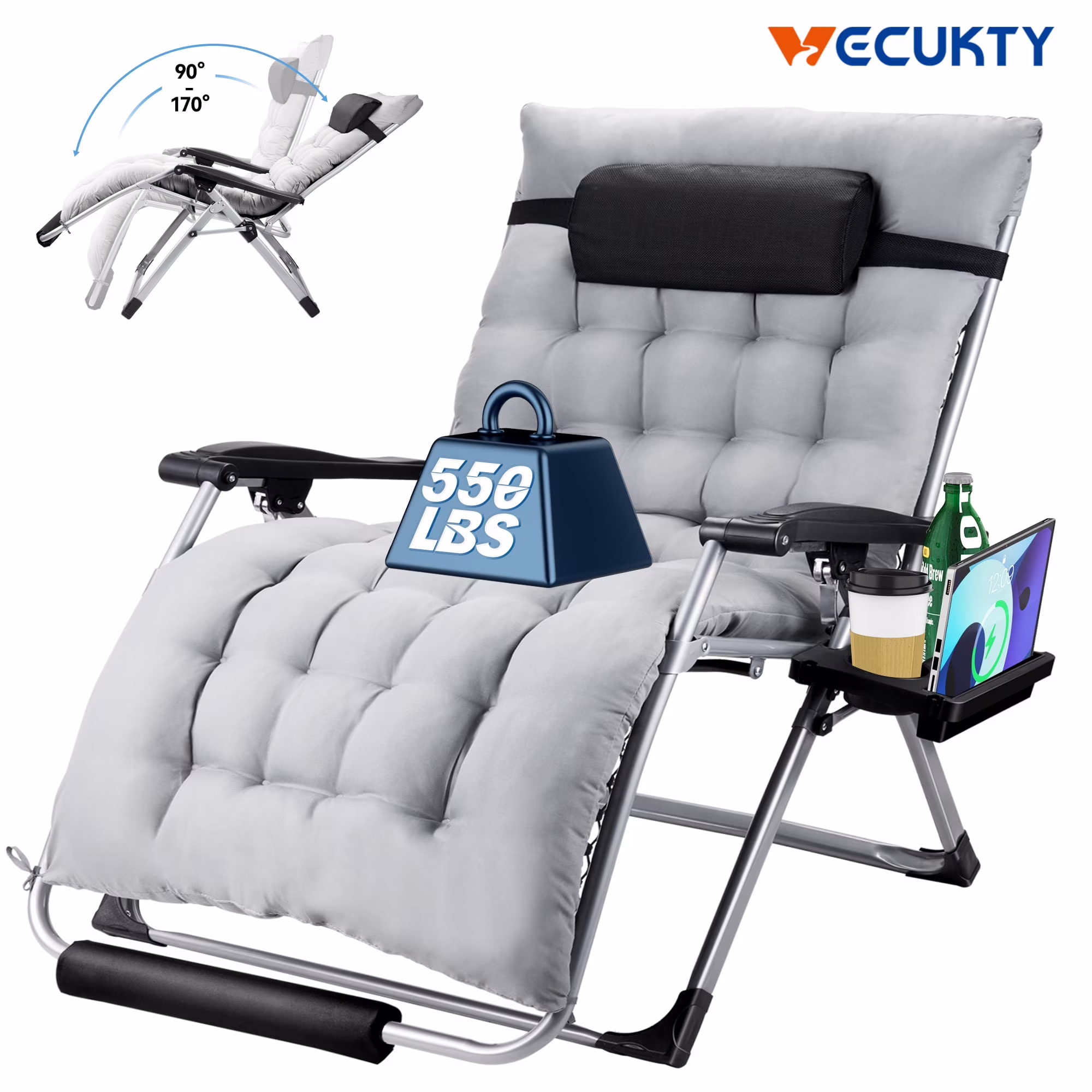 VECUKTY XXL Oversize Zero Gravity Chair - 500lb Capacity, 33-Inch Wide Padded Seat, Folding Travel Recliner for Outdoor / Indoor Use - Patio, Lawn, Black, Portable and Heavy Duty