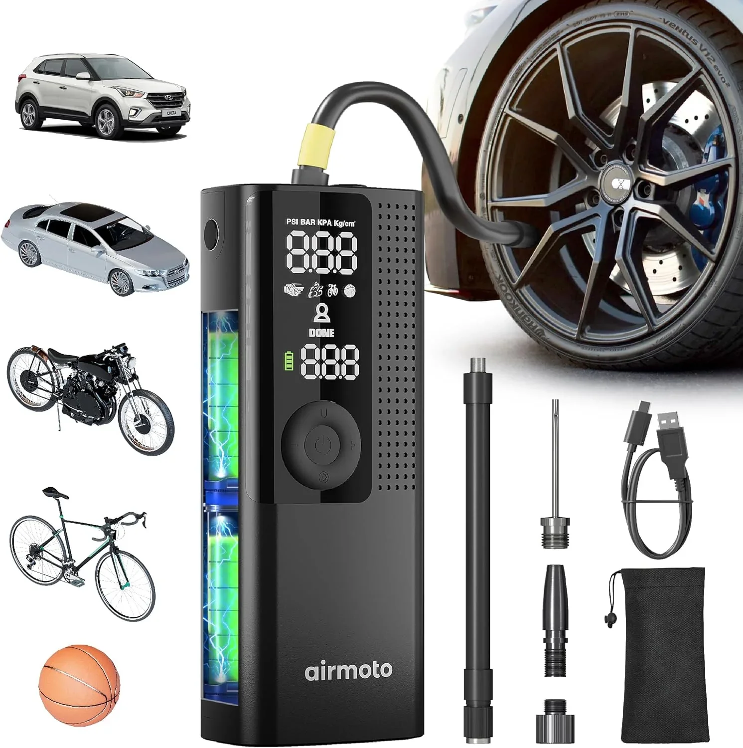Airmoto Tire Inflator Portable Air Compressor Car Tire Air Pump with Digital Pressure Gauge