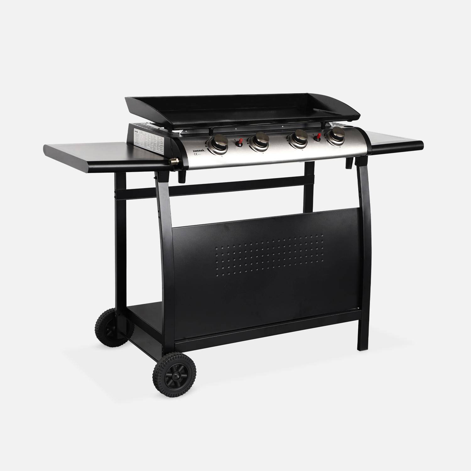 Porthos 4 - Plancha de gas 4 quemadores de acero inoxidable con carrito y utensilios, 10kW