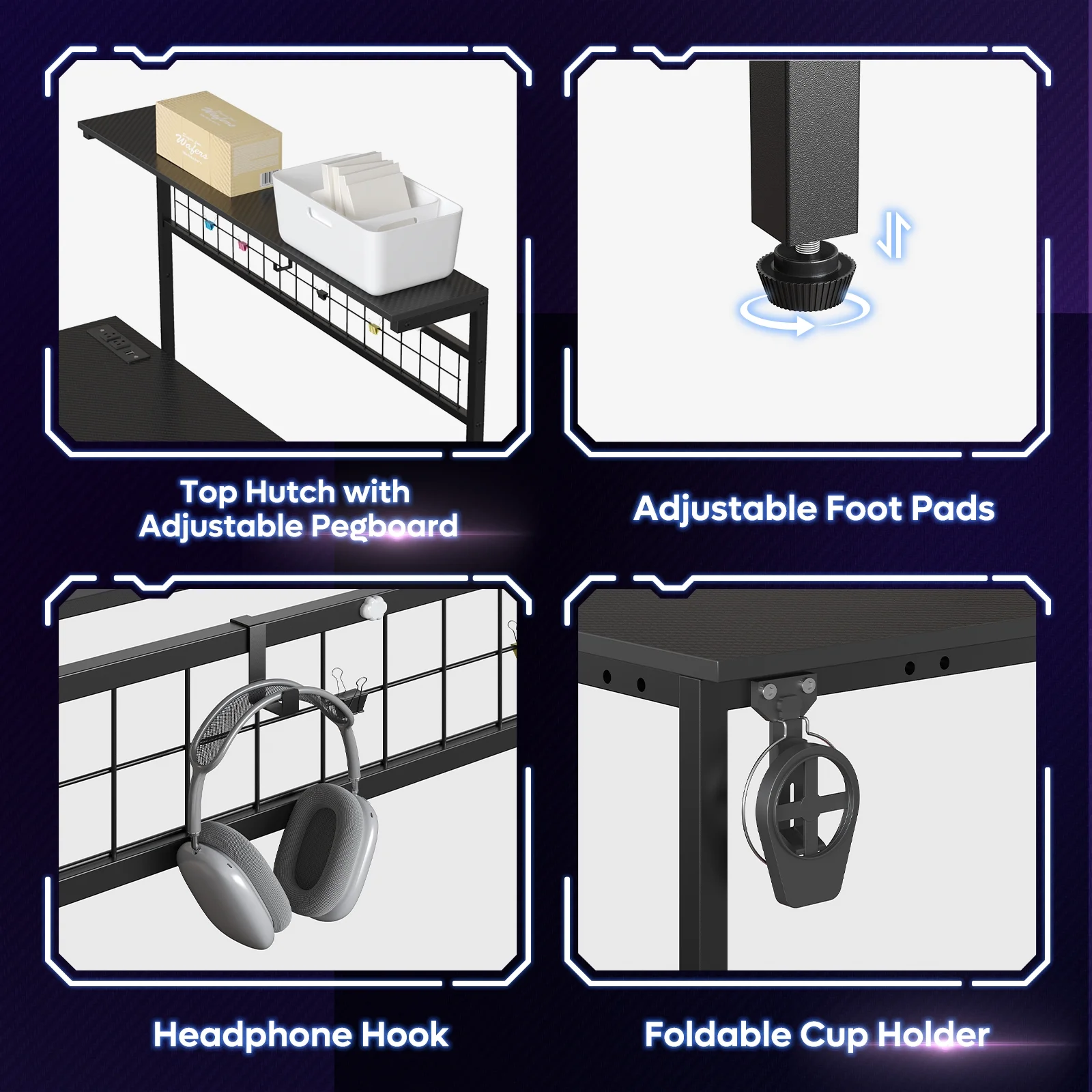 Bestier 51 L Shaped Gaming Desk with Power Outlets & LED Light, Computer Desk with 4 Tiers Shelves for Home Office, Reversible Gamer Table with Hooks and Cup Holder, Carbon Fiber - Image 13