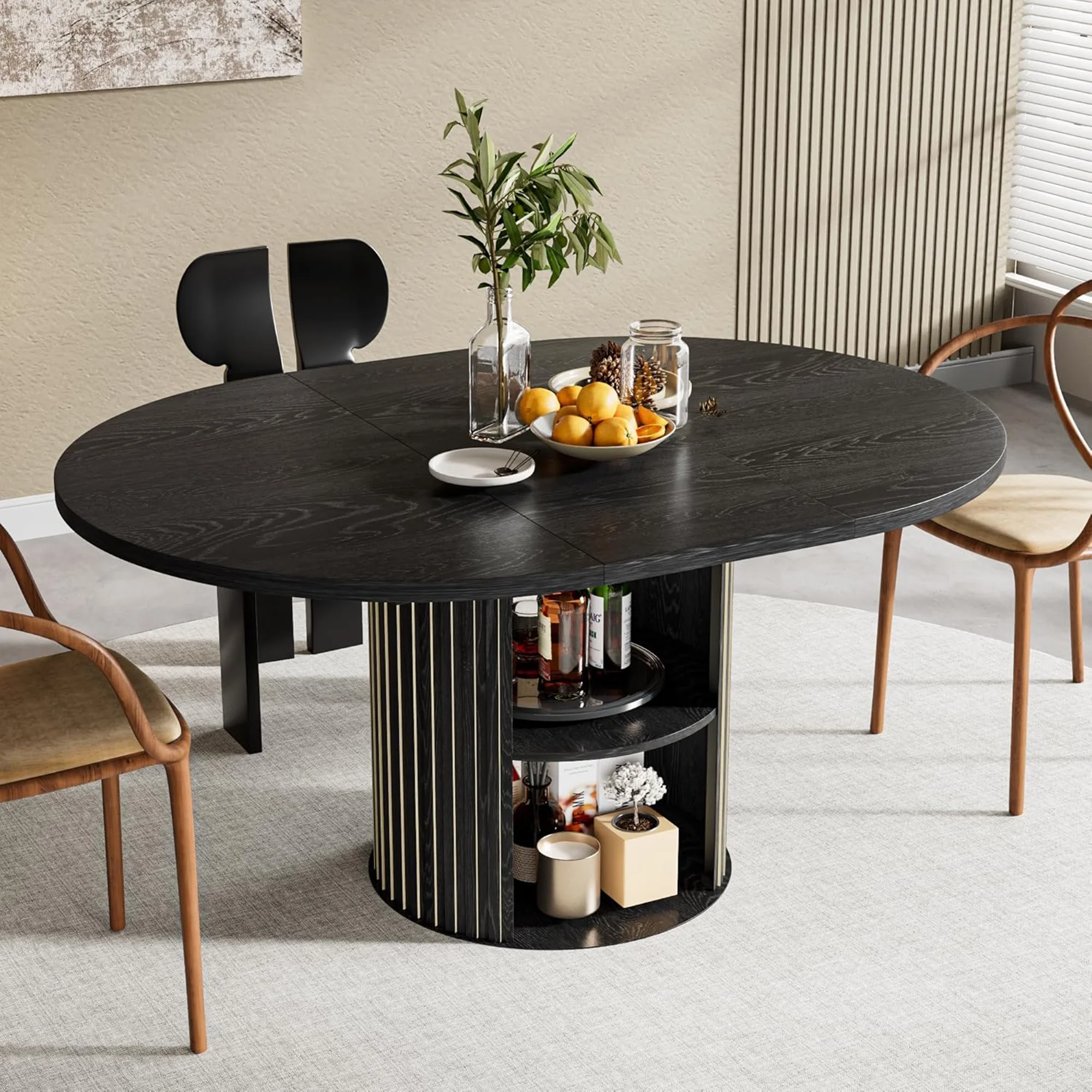 Extendable Dining Table for 4-6, Round Kitchen Table with Storage Shelf, Oval Dining Tables for Living Room (Walnut) - Image 11