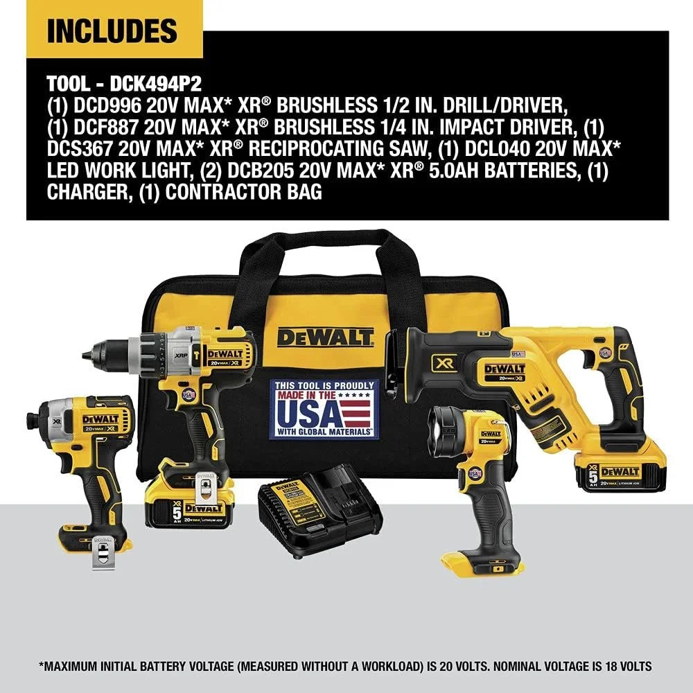 DEWALT 20V MAX XR Cordless Drill Combo Kit, 4-Tool DCK494P2 - Image 2