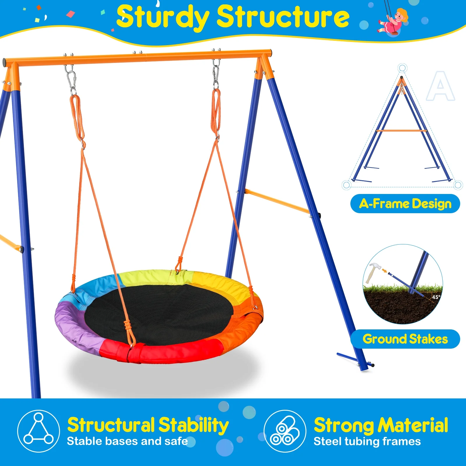 GIKPAL Swing Sets for Outside 440lbs Swing Set for 2-3 Kids Outdoor with Heavy-Duty Metal Frame & Adjustable Ropes Round Swing, Rainbow - Image 8