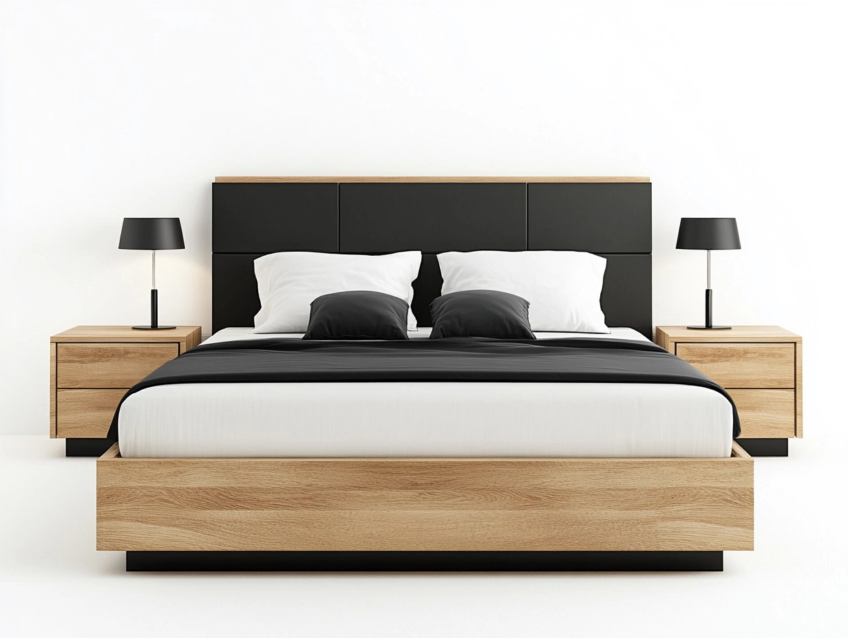 Cama doble moderna de madera roble y negro con cabecero acolchado