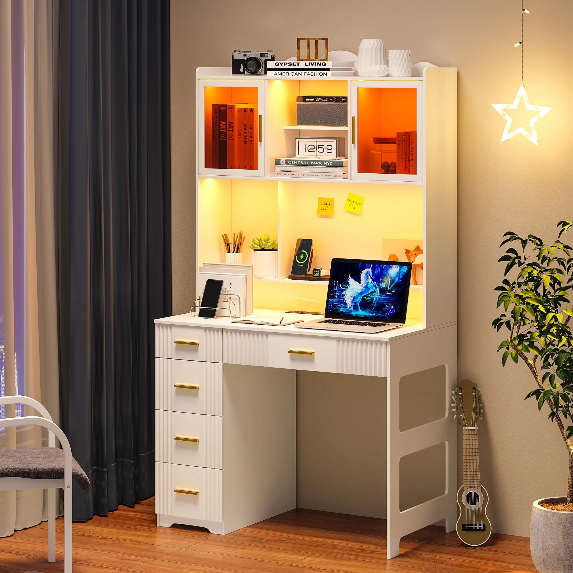 HNEBC LED Study Desk with Hutch and Drawer, Home Office Desk with Outlet, Computer Desk with Charging Station, Writing Desk for Bedroom, Workstation for Small Space - Image 8