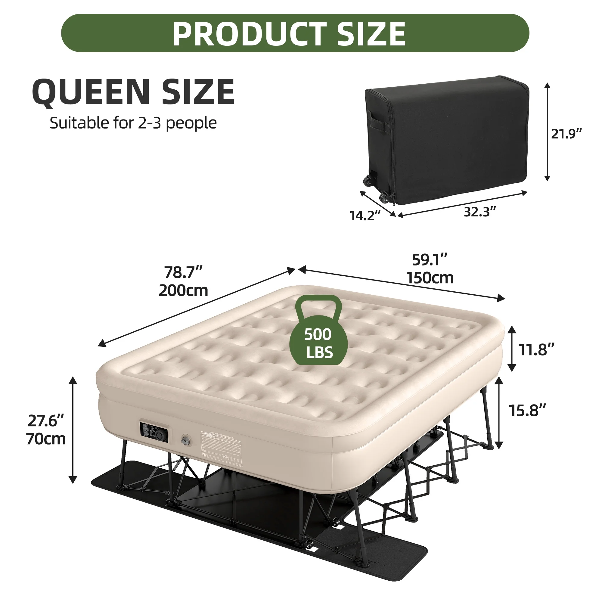 Uforic Inflatable Queen Air Mattress with Built-in Pump, Frame, Velvet Surface & Portable Storage Case, Khaki - Image 7