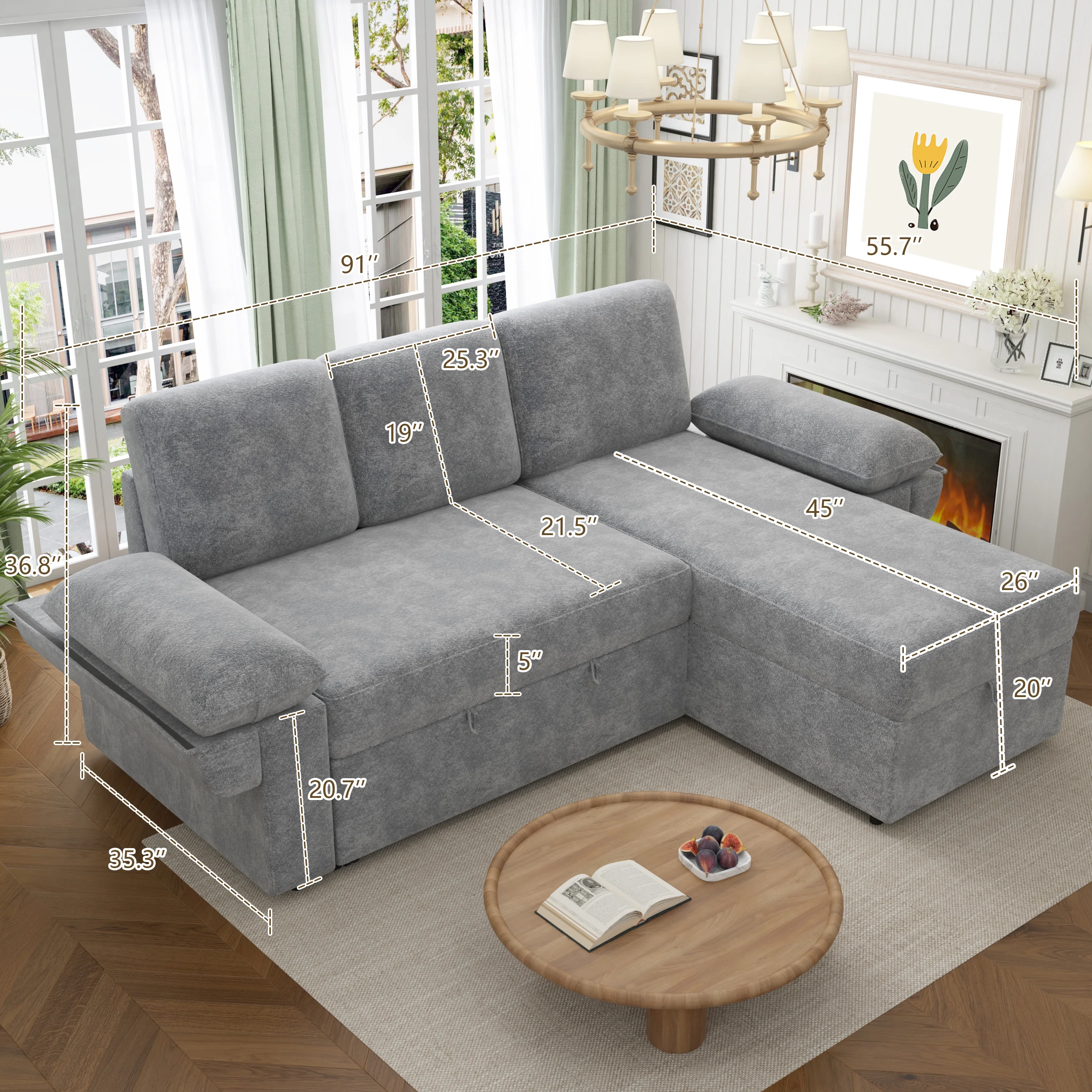 VANACC Sofa Bed, Adult Sleeper Sofa with Storage Chaise, Pull Out Couch for Bed Room, Gray Chenille - Image 4