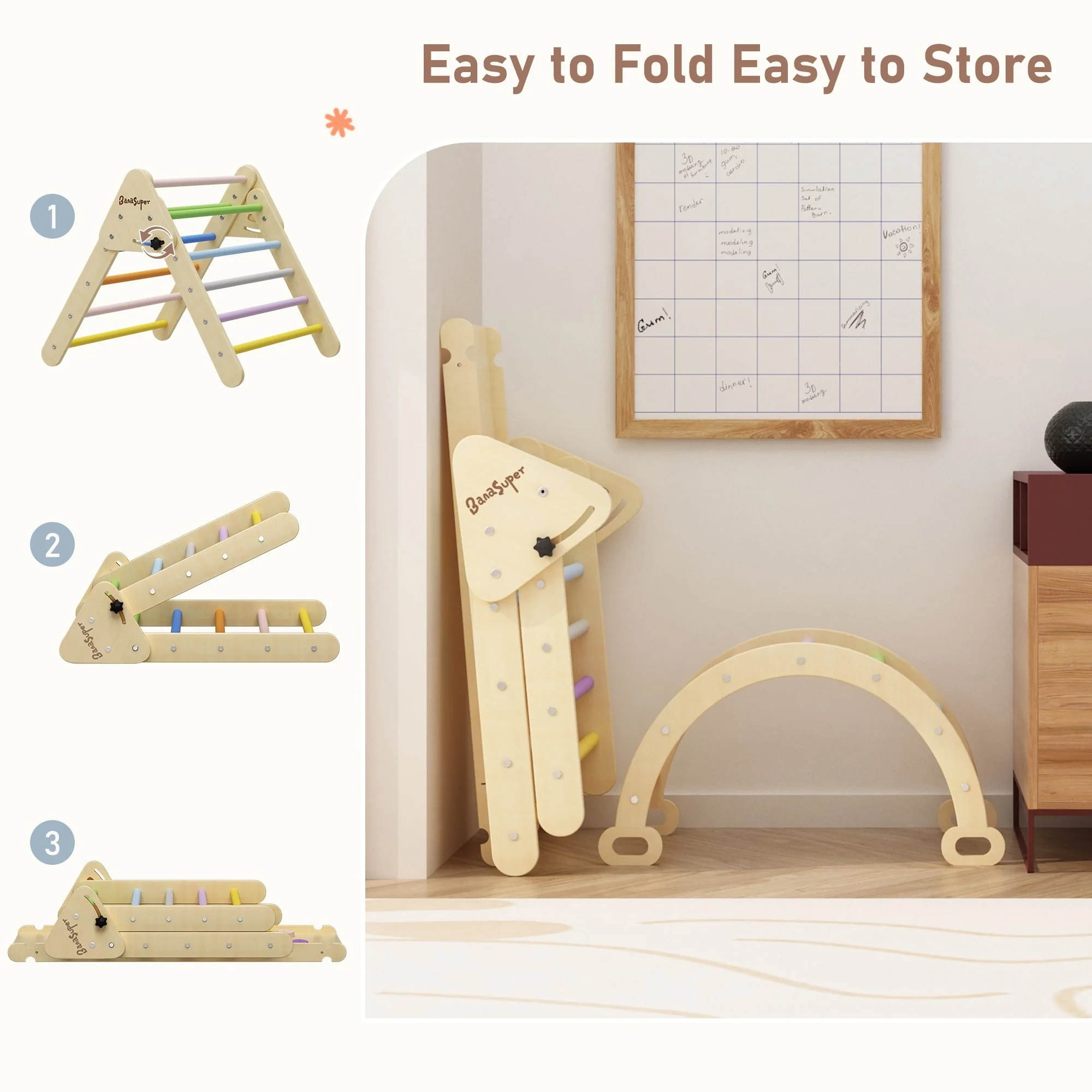BanaSuper Large 3 in 1 Climbing Triangle Ladder with Ramp & Arch Foldable Wooden Climbing Triangle Set Montessori Climbing Toys for Baby Ourdoor Indoor Playground Play Gym Gift for Boys Girls - Image 4