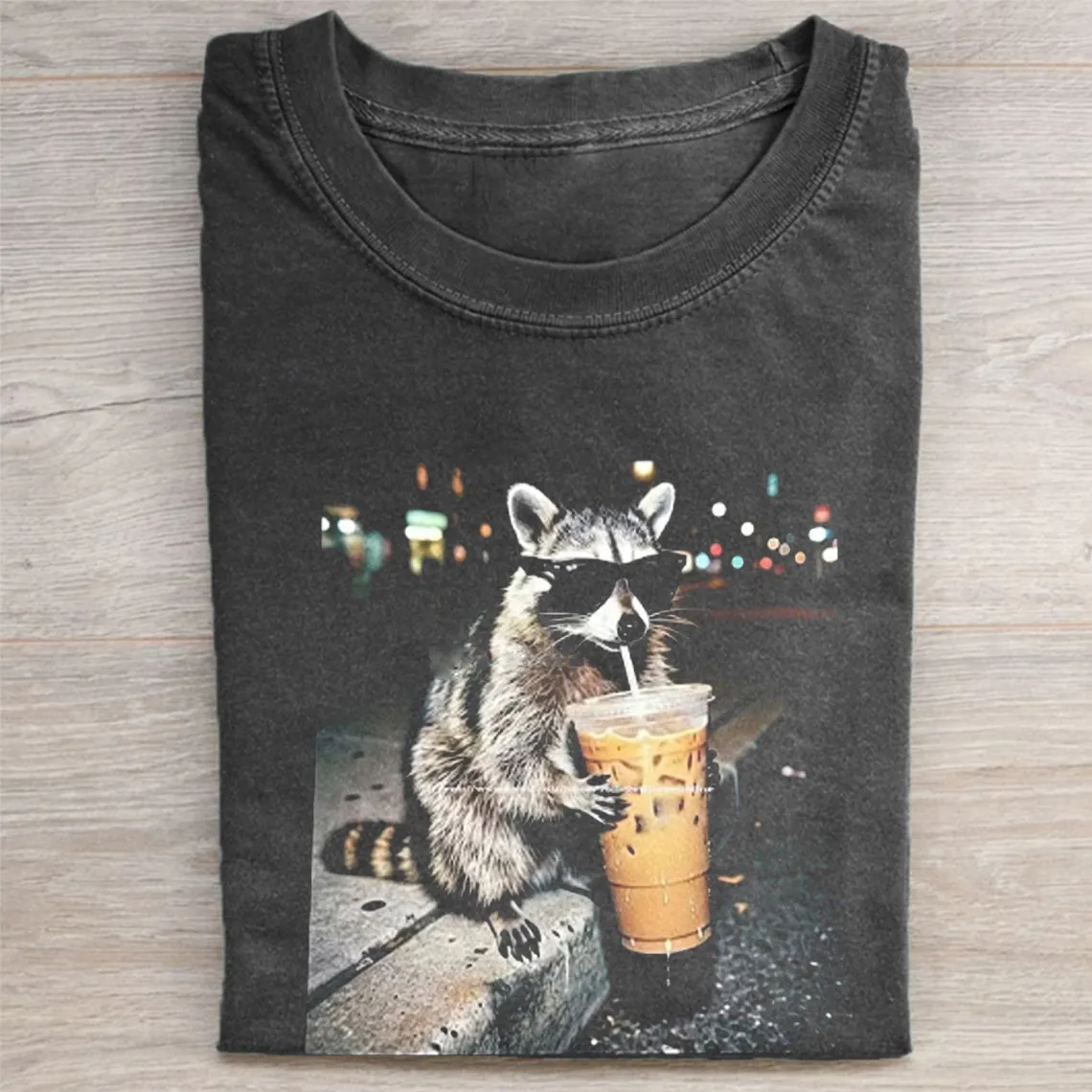 Funny Raccoon Drinking Iced Coffee T-shirt
