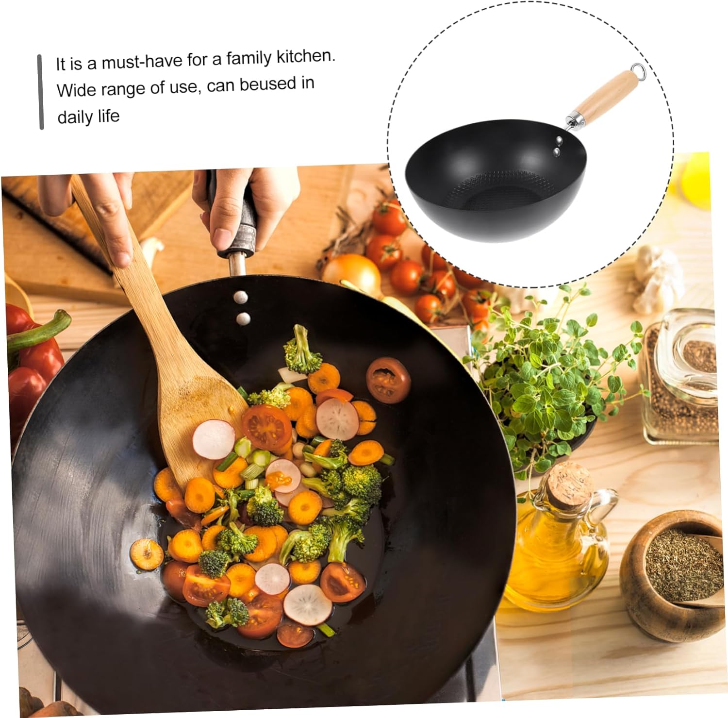 COLLBATH Small Iron Wok Non-Stick Gas Stove Frying Pan 14.56X7.87X3.54 Inch for Home Kitchen Cooking Versatile Japanese Style Cookware