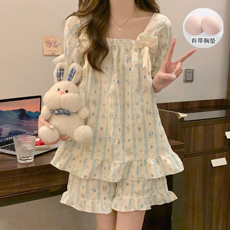 Cloud cotton pajamas for women, summer, with chest pads, short-sleeved shorts, Korean style, sweet princess style, home wear set, can be worn outside