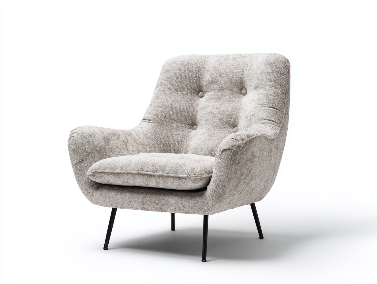 Sillón tapizado en tela gris claro 85×82×90 cm – patas de metal negro – estilo moderno