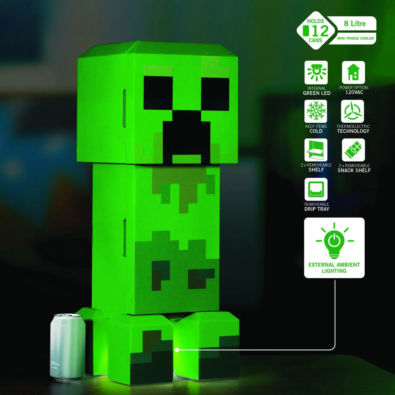 Minecraft Creeper Mini Fridge 2 Door, 8L, Green, 25.2" H 9.5" W 9.1" D - Image 5