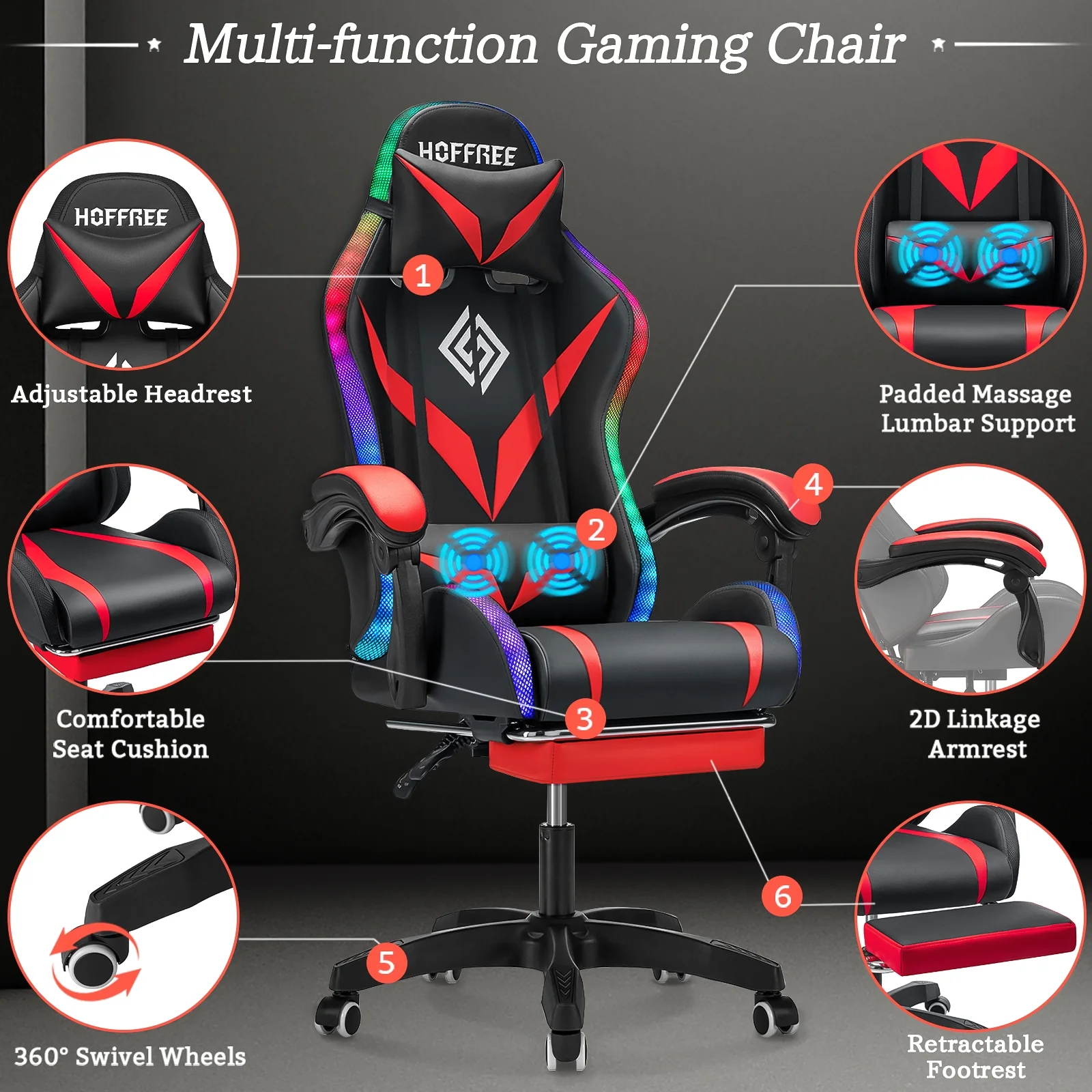 Hoffree Gaming Chair with Speakers PU Leather Office Chair with Footrest and LED Lights Ergonomic Gamer Chair with Massage Lumbar Support and Headrest Adjustable Swivel for Home Office 300lb - Image 54