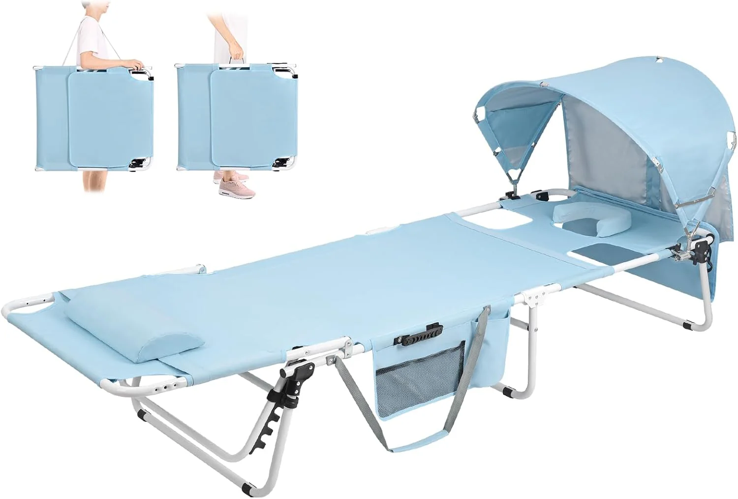 Tanning Chair with Sun Canopy Face Hole, Heavy Duty Folding Chaise Lounge Chair 5 Position Reclining for Adults Outside Reading Sunbathing Poolside Camping Beach, UPF 50+ Sun Shade, 300 LBS