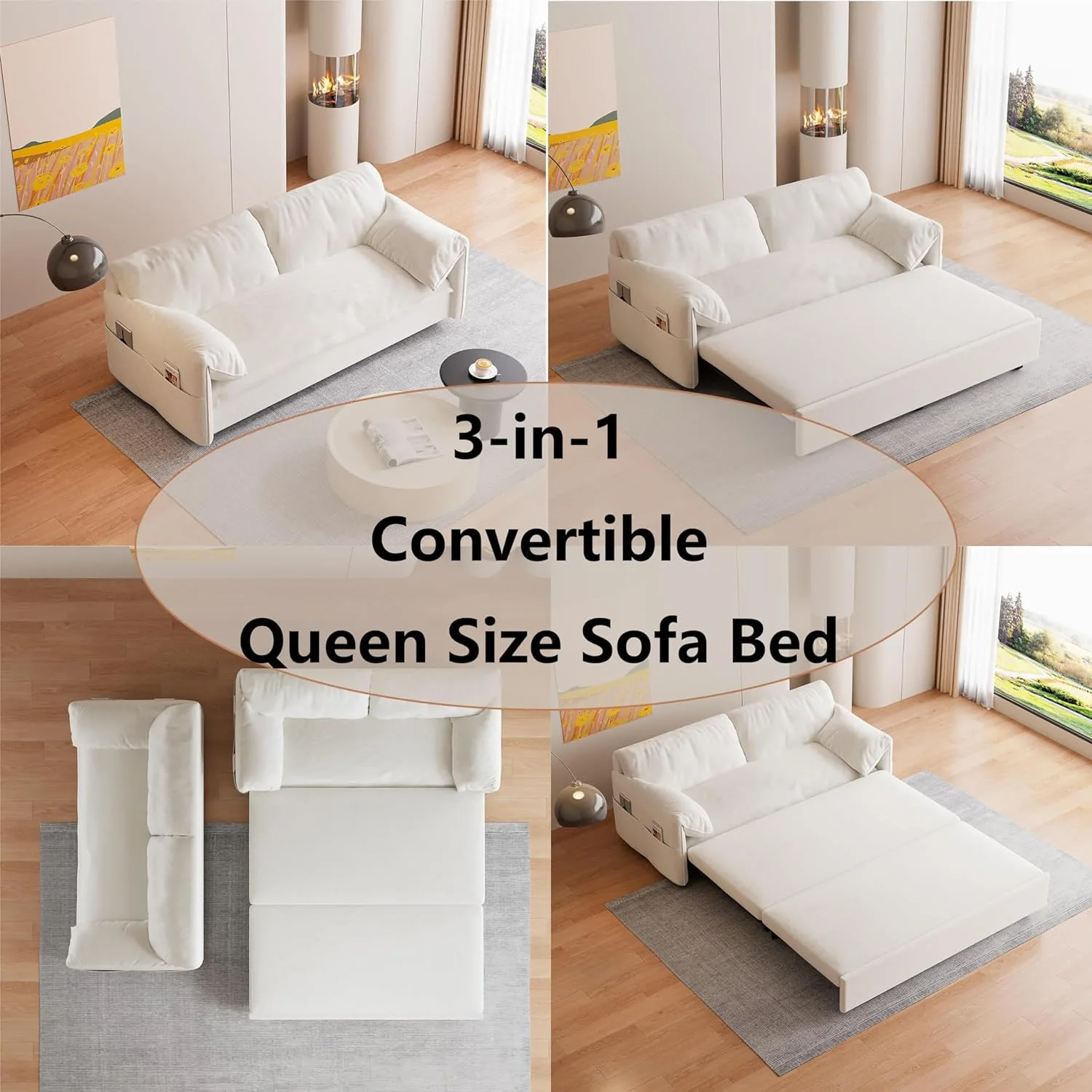 Tabaray 63.8" Futon Sofa Bed Queen Size, Pull Out Bed, 3-in-1 Convertible Sleeper Sofa with Side Pocket, Modern Plush Velvet Futon Couch for Living Room, Small Space, Apartment, Bedroom, Black - Image 42