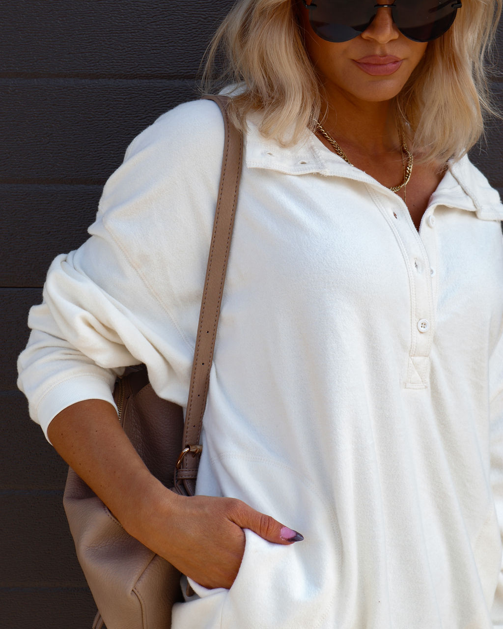Corrine Pocketed Henley Pullover Sweater - Cream - Se7enfashion