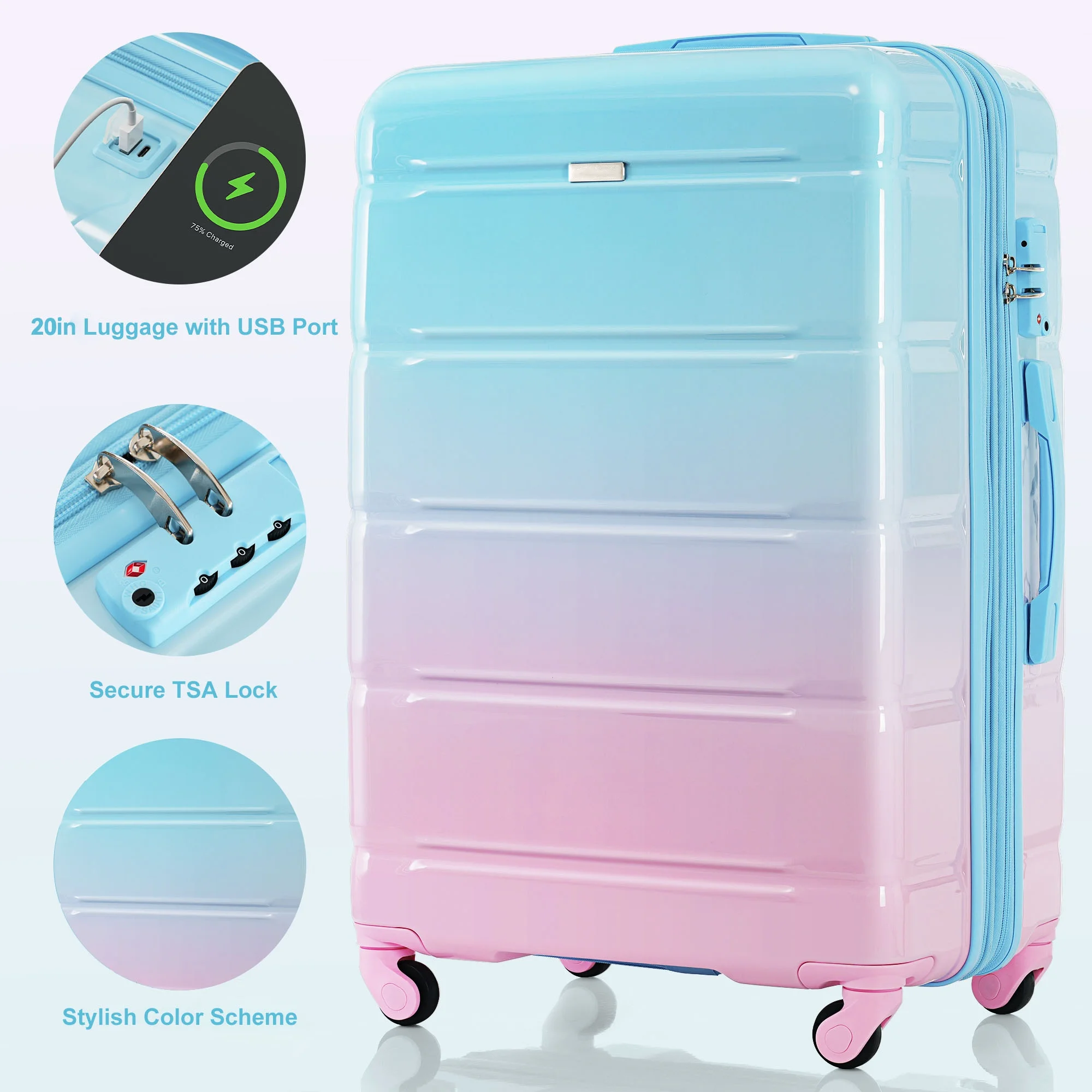 PAPROOS 3-Piece Luggage Set (20''/24''/28''), Hardshell Lightweight Suitcase with USB Port and Side Hooks, Travel Luggage with TSA-Lock, Hardside Rolling Luggage for School, Travel, Pink - Image 30