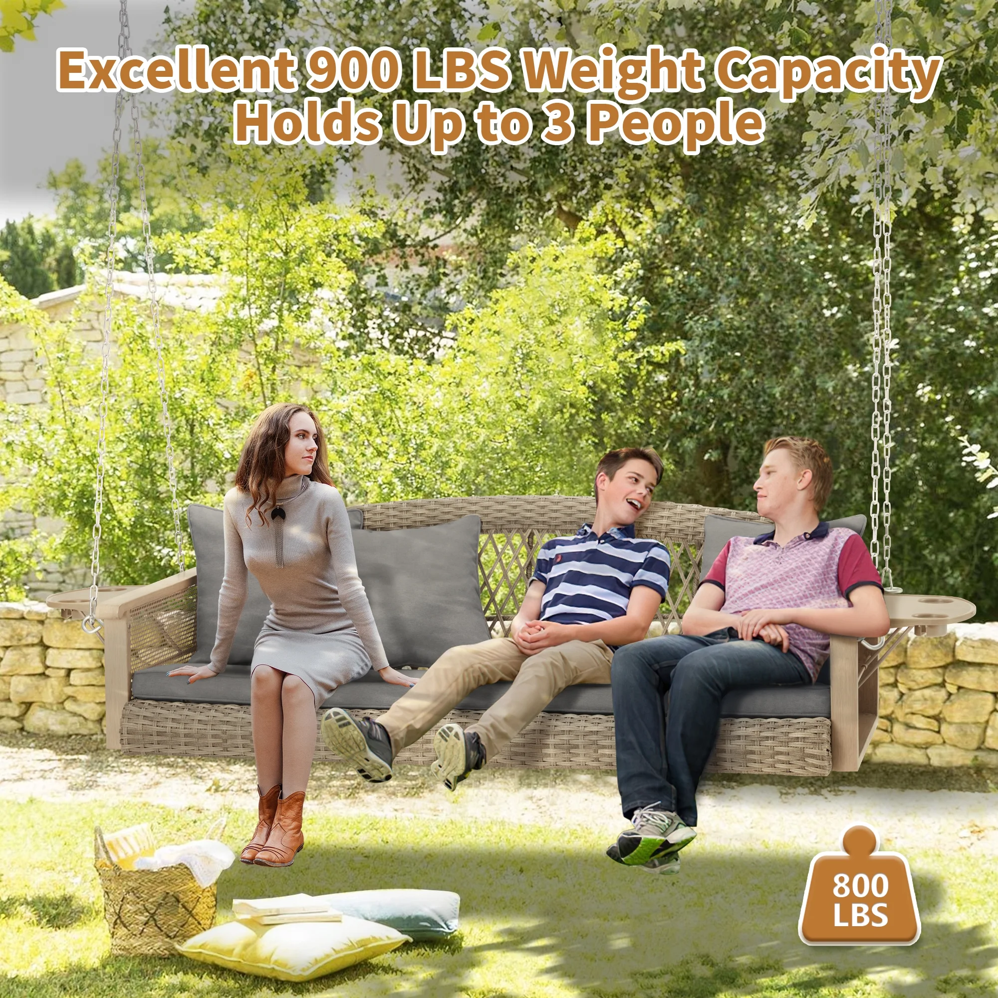 Homrest 3-Person Porch Swing 55in Wicker Hanging Swing Bench with Cushions and Cupholders for Deck, Garden and Backyard, Beige - Image 28