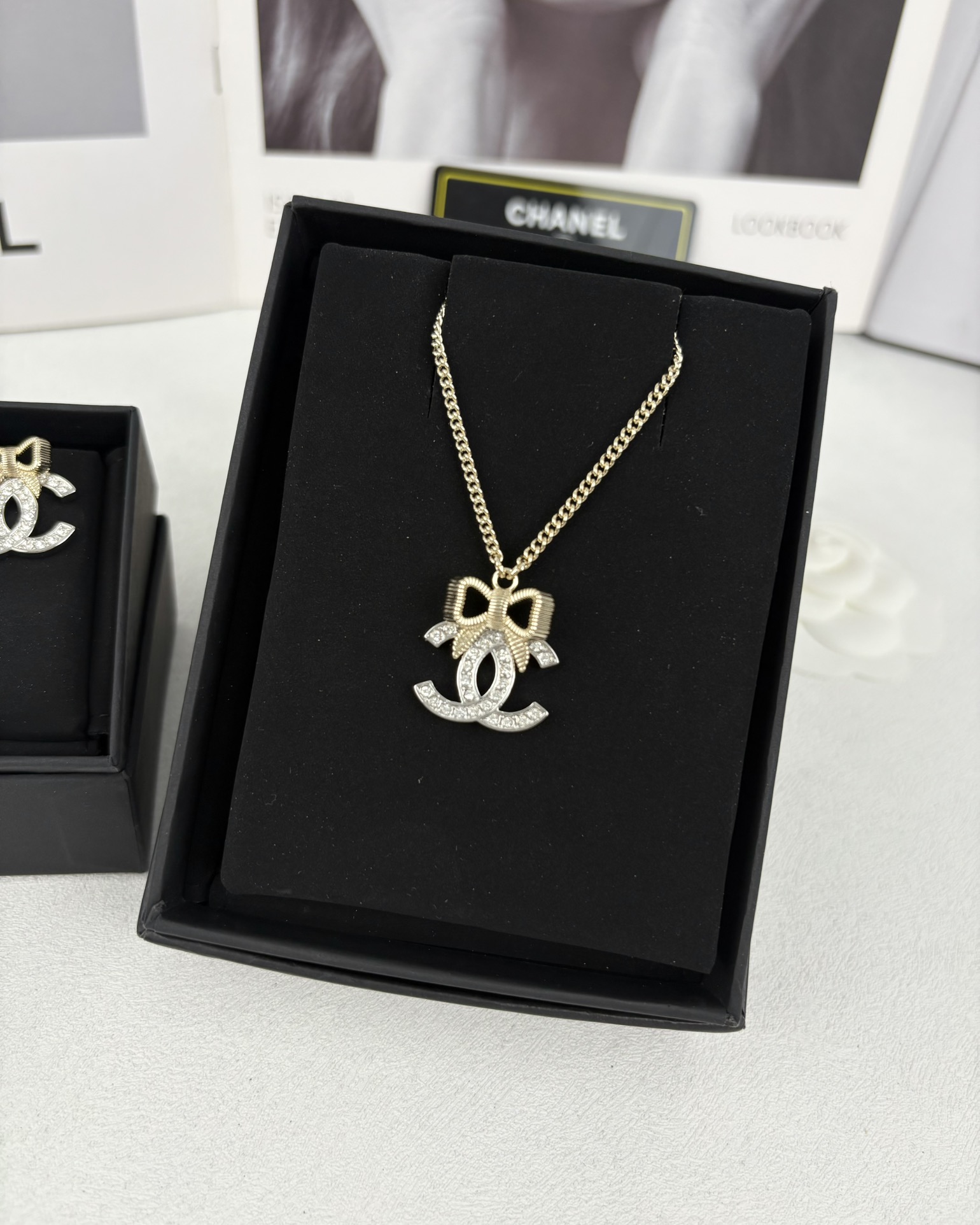 Chanel Light Gold Bow Mixed Silver CC Brooch Earrings Necklace - Original Replica Club