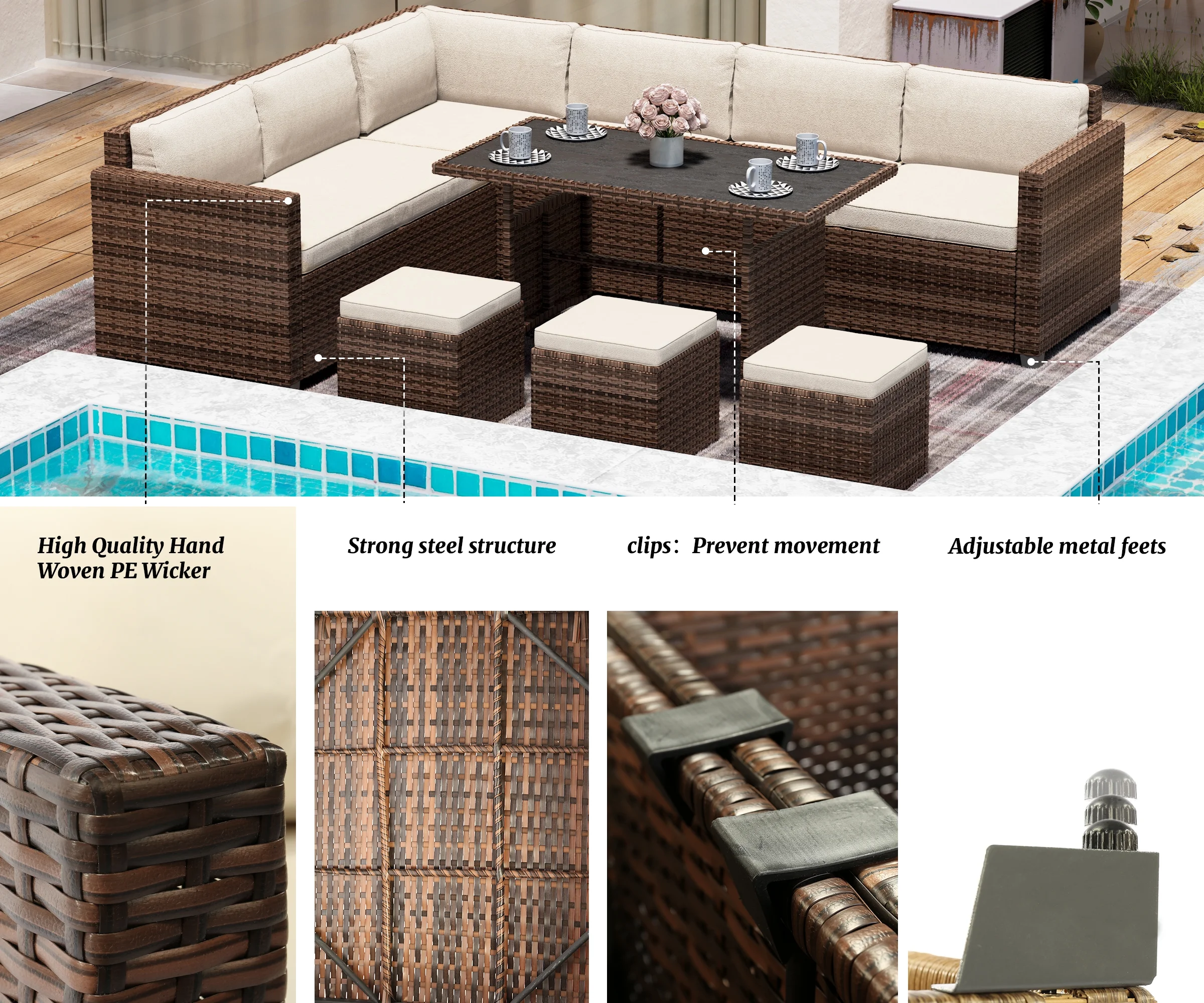 Bifanuo 7 Piece Patio Furniture Set, Outdoor Furniture Patio Sectional Sofa, All Weather PE Rattan Outdoor Sectional with Beige Cushions and Table, Black Wicker - Image 12