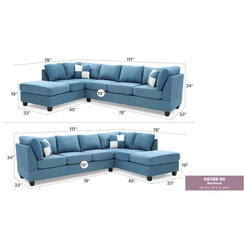 Malone 111-Inch Suede 4-Seater Sectional Sofa with Two Throw Pillows - Dimensions: 111L x 78W x 34H