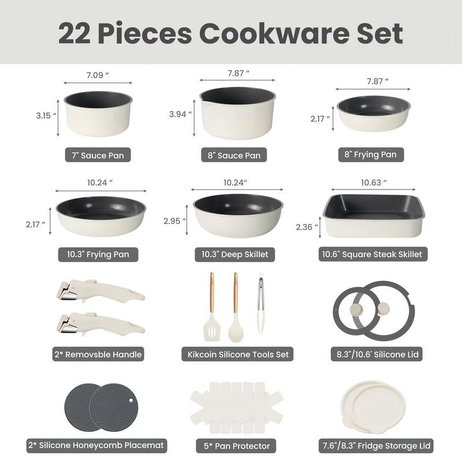 Non-Toxic Nonstick Ceramic 22 pcs pots and pans set complete Cookware Set with Lids,Detachable Handle,PFAS-Free,Dishwasher Oven Safe,Kitchen Outdoorfun Induction Compatible